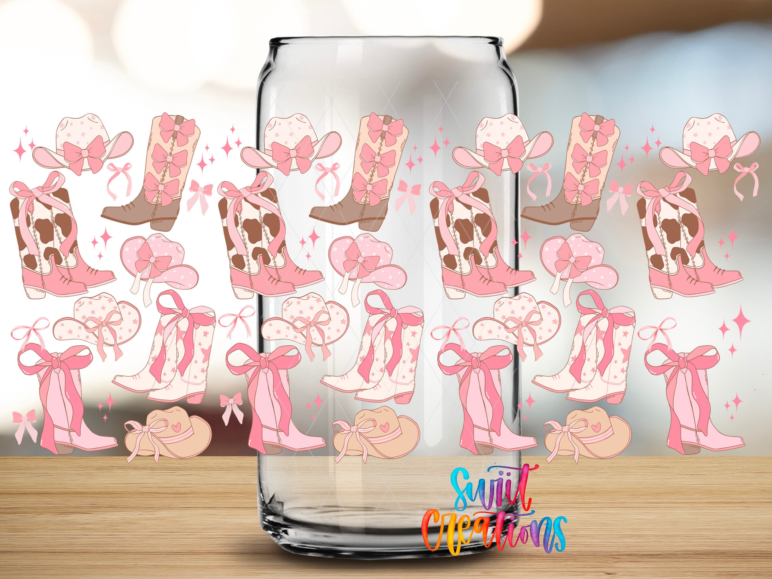a collection of pink and white cowboy boots and bows, arranged in a visually appealing pattern.