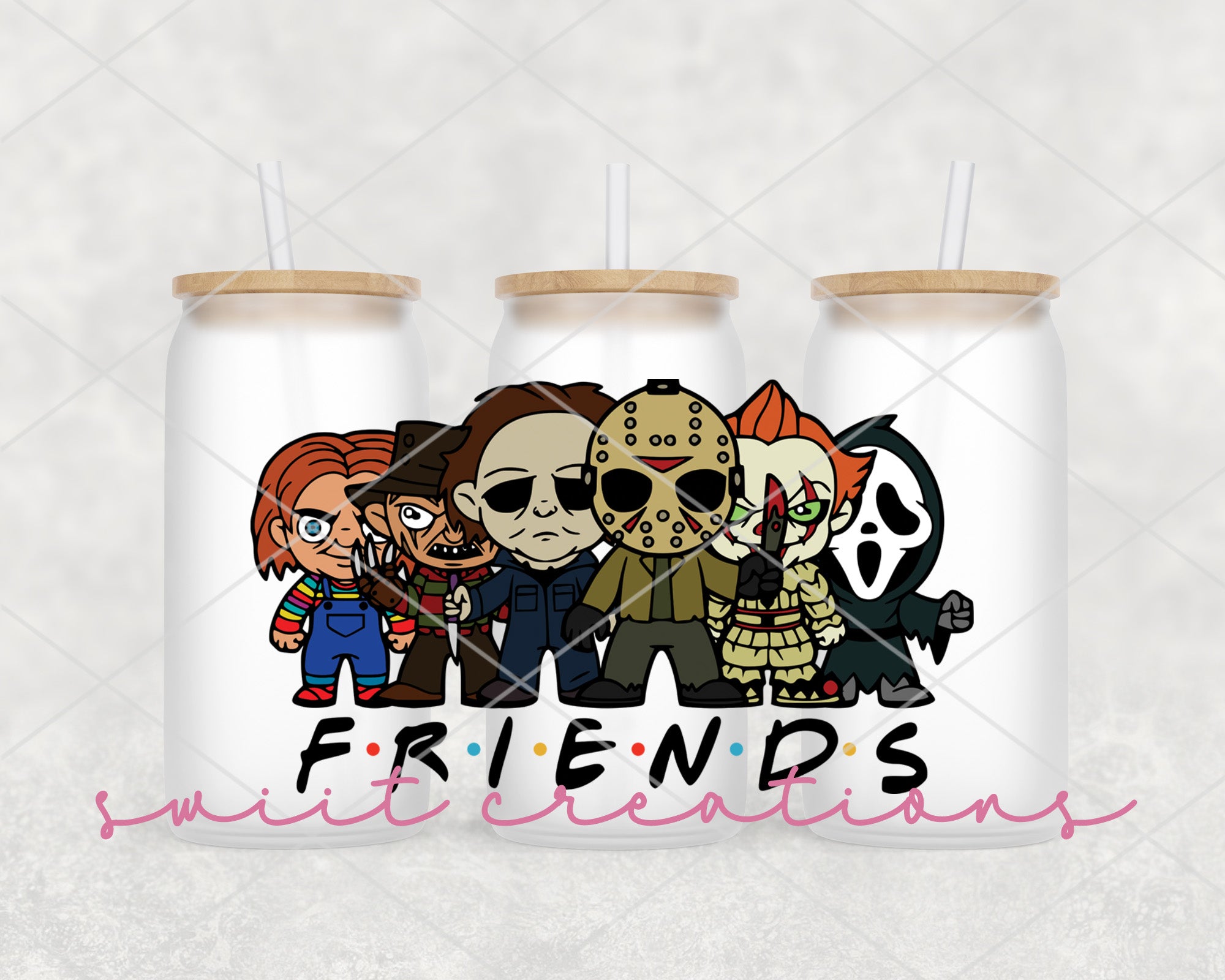 a couple of drinks with cartoon characters on them