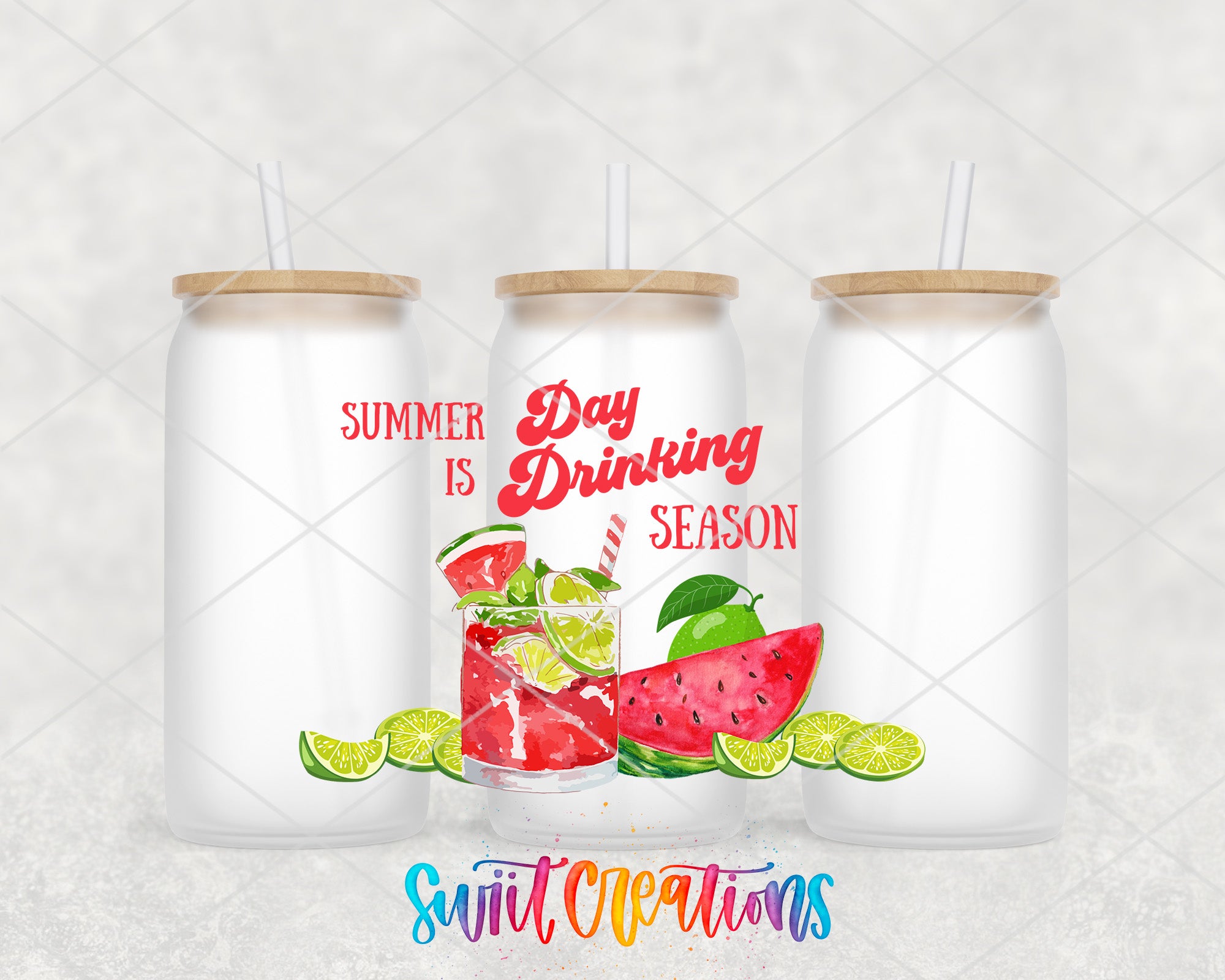 three white glass tumblers with straws, each containing a colorful drink with fruit slices and lime wedges. The text "Summer is Drinking Season" is displayed on the tumblers, and the phrase "Switcraft Creations" is written at the bottom of the image.