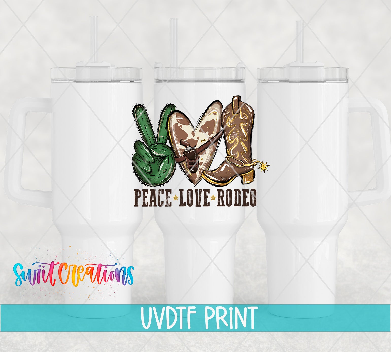 a white tumbler with a peace sign and the text "Peace Love Rodeo" printed on it.