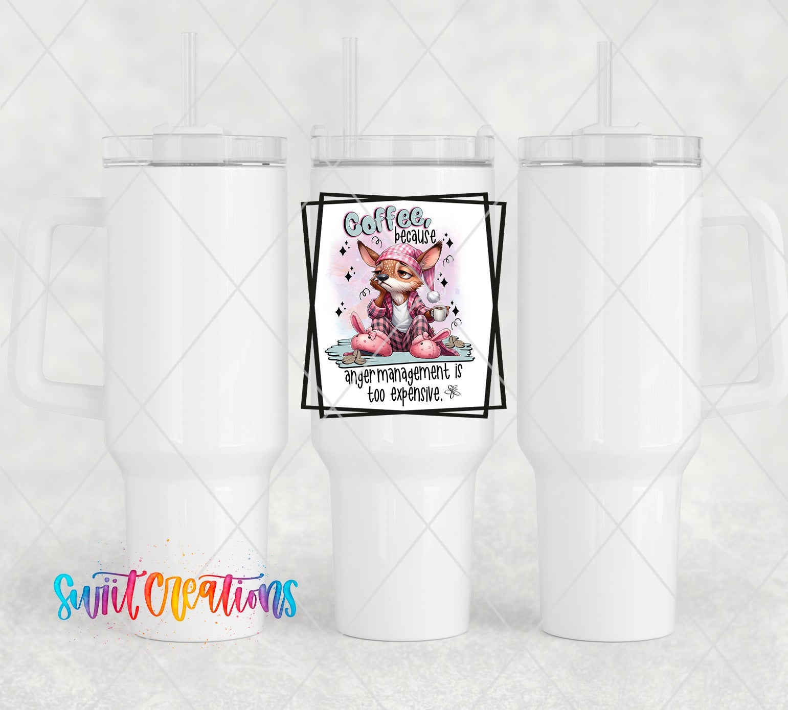 a white cup with a picture of a cat on it
