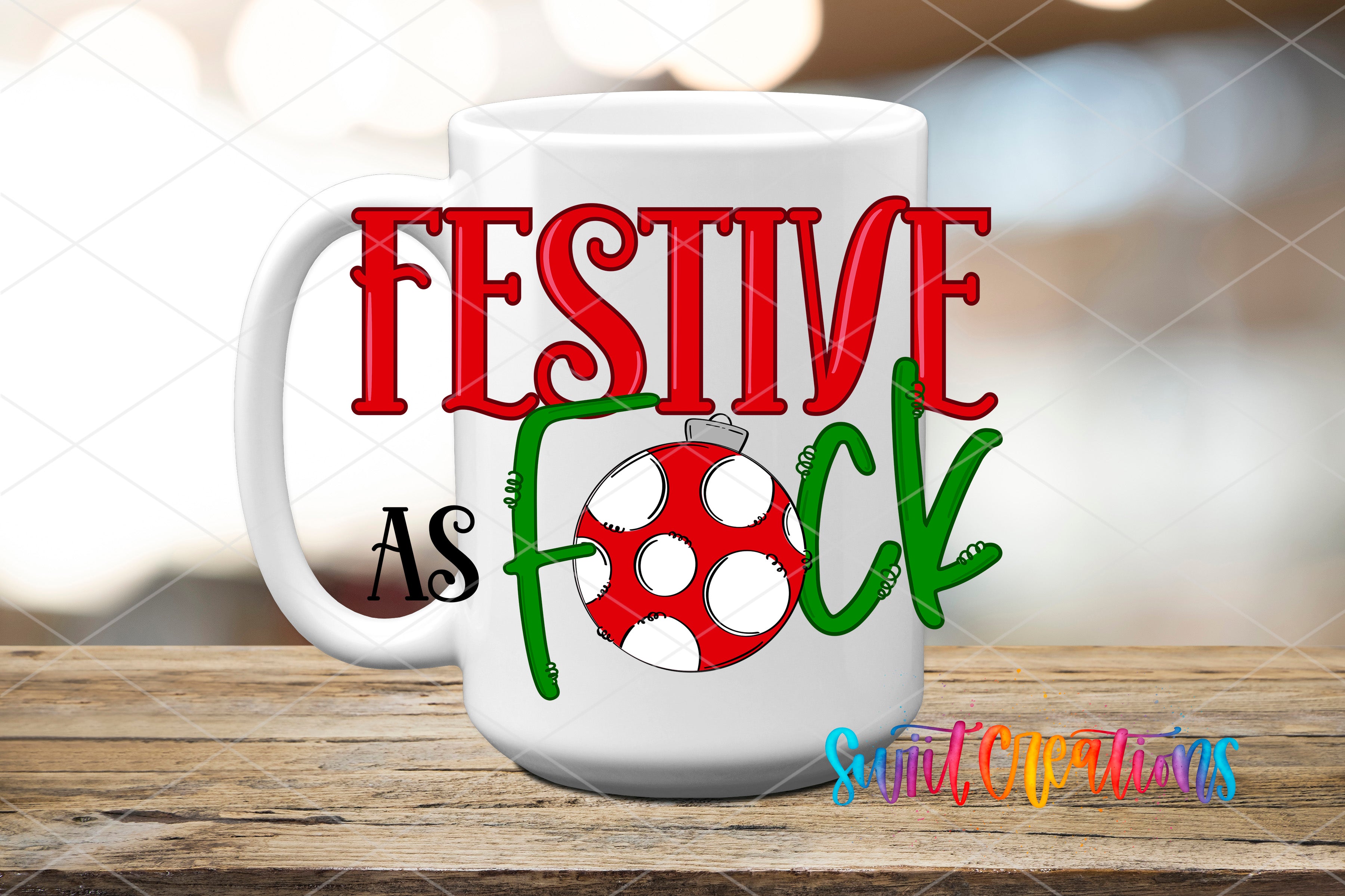 A white mug with the text "FESTIVE FOCK" and a red and white polka dot design, placed on a wooden surface.