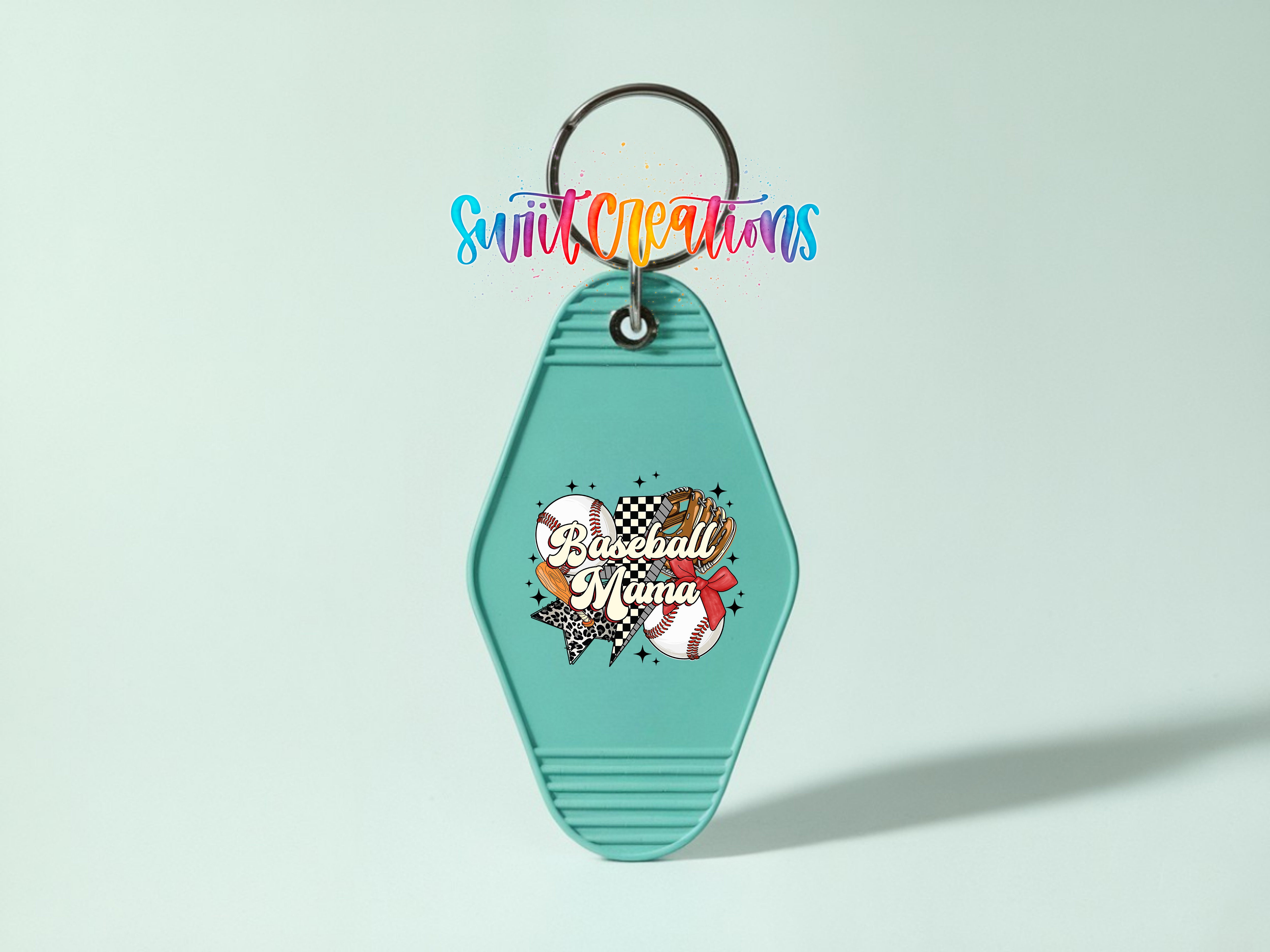 A turquoise keychain with a baseball design and the text "Baseball Miami" printed on it.