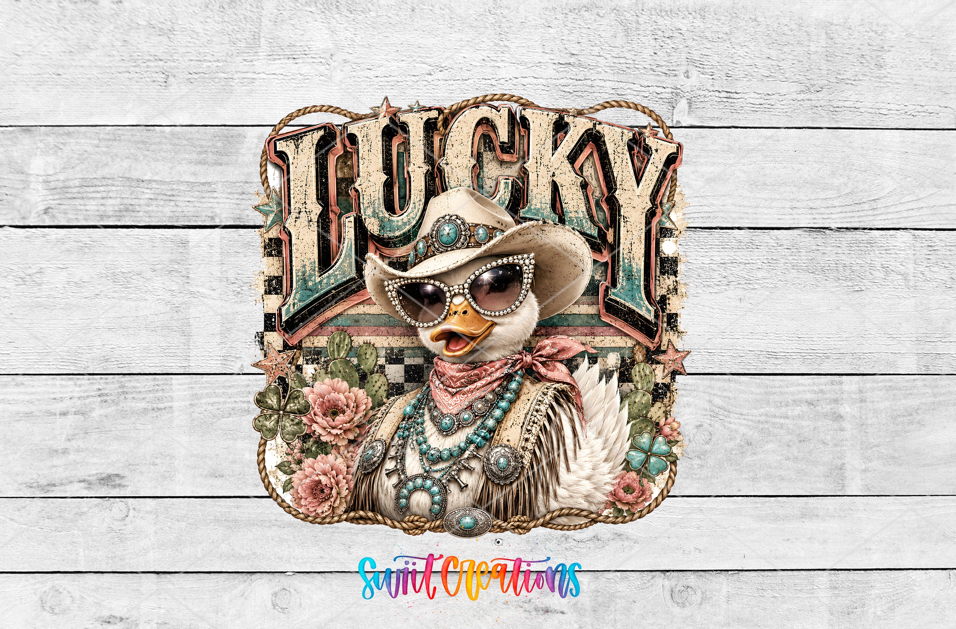 A collage of various images, including a cartoon duck wearing sunglasses and a cowboy hat, surrounded by flowers and other decorative elements.