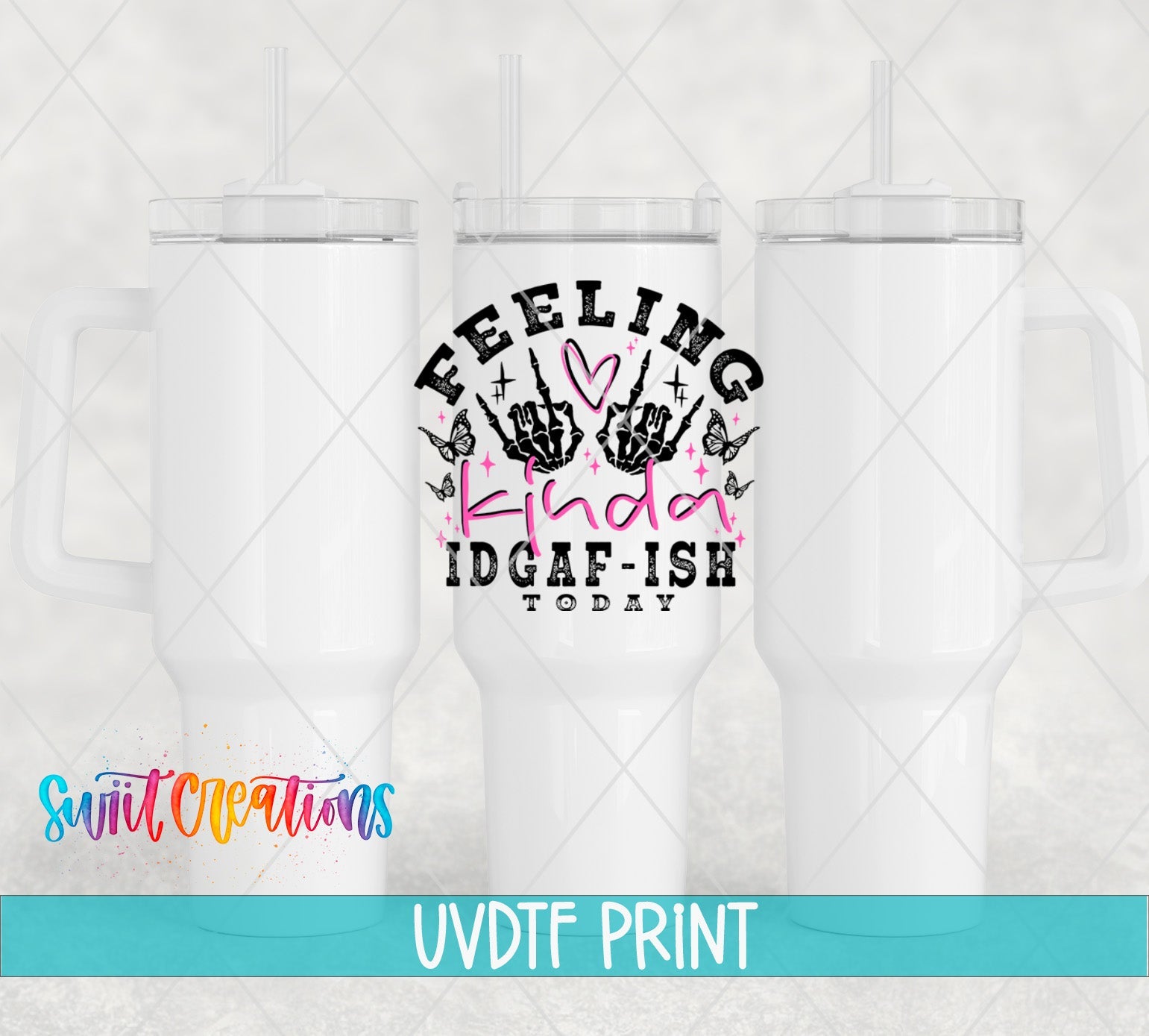 three white tumblers with the words feeling kind of fish on them