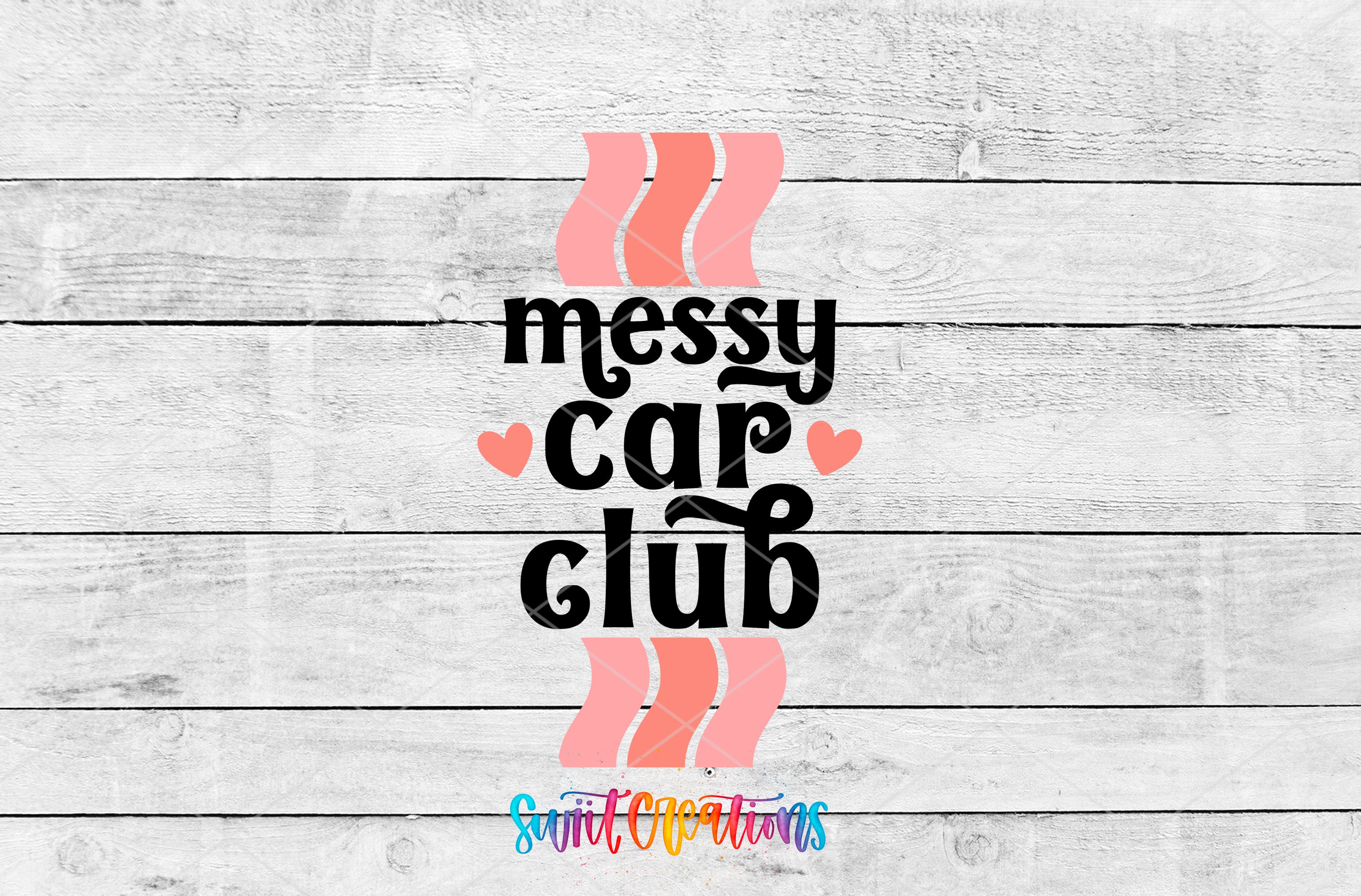 a logo for a "Messy Car Club" with a white wooden background.