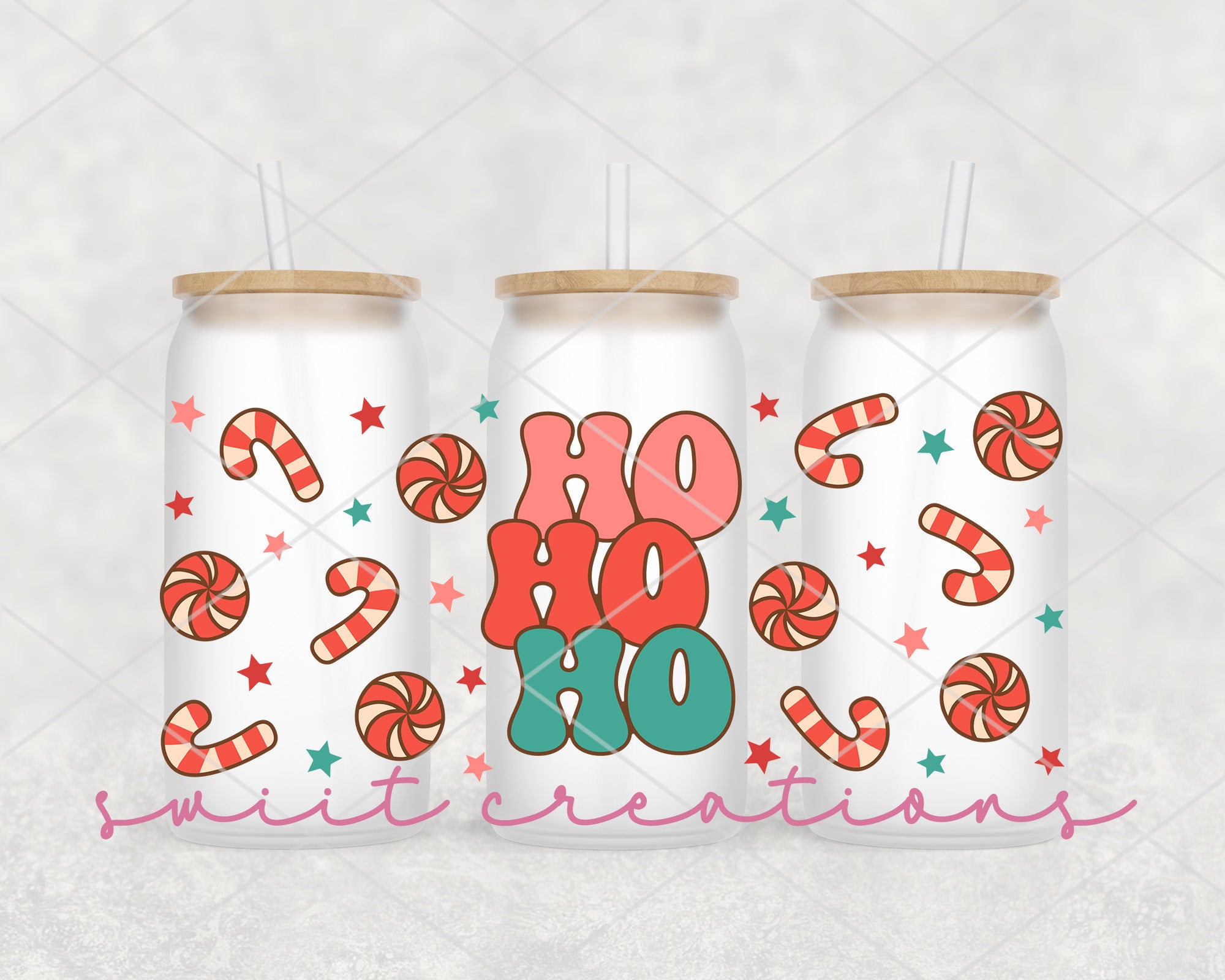 three soda cans with candy canes on them