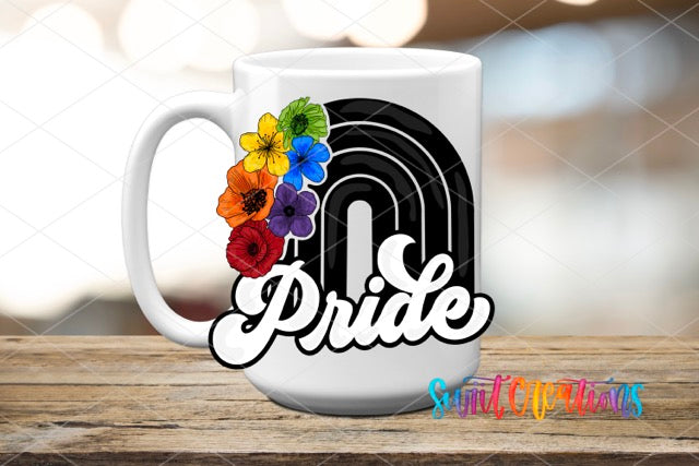 a coffee mug with the word pride painted on it