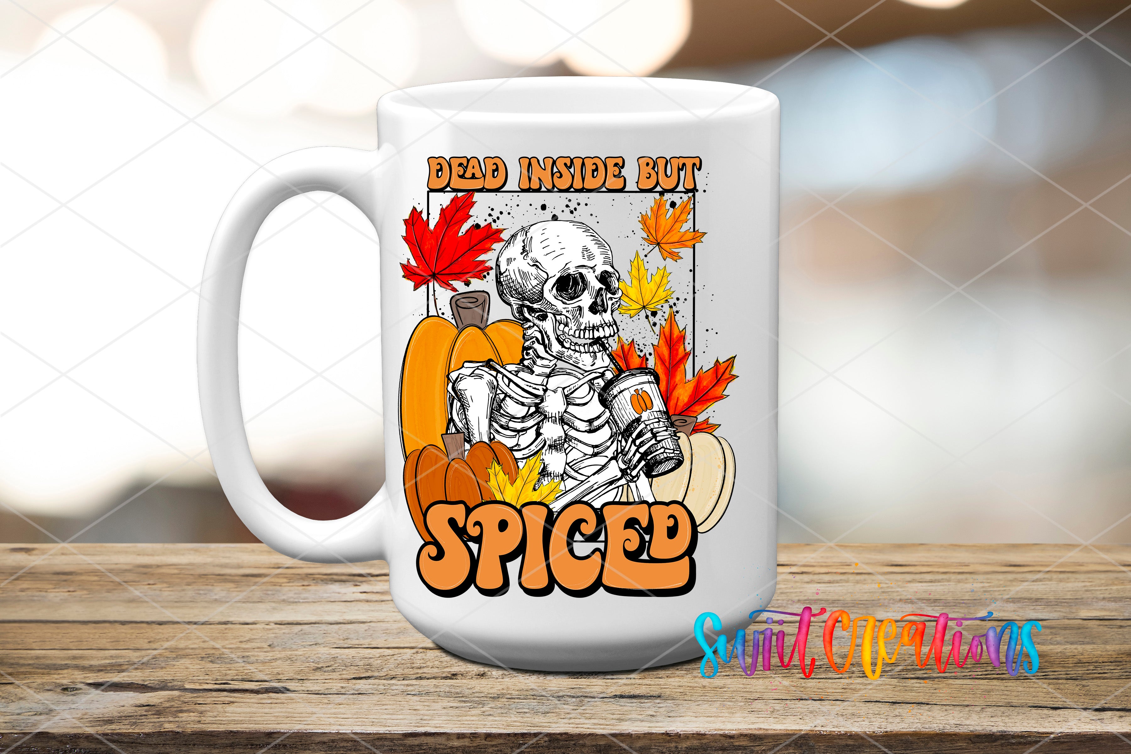 A white mug with a graphic design featuring a skeleton holding a bottle of spice, surrounded by autumn leaves and pumpkins.