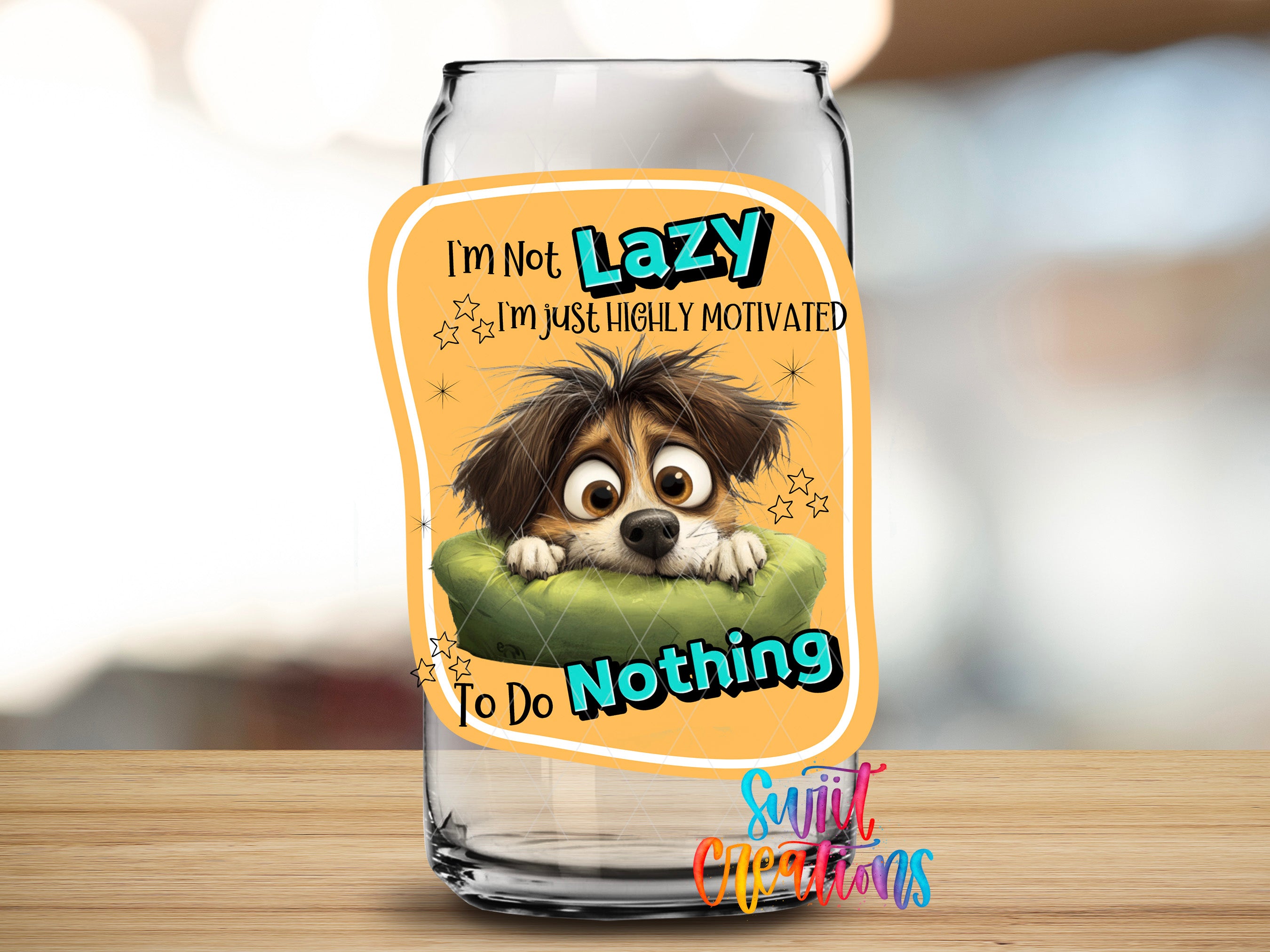 a glass can with a sticker on it, depicting a cartoon dog with a surprised expression.