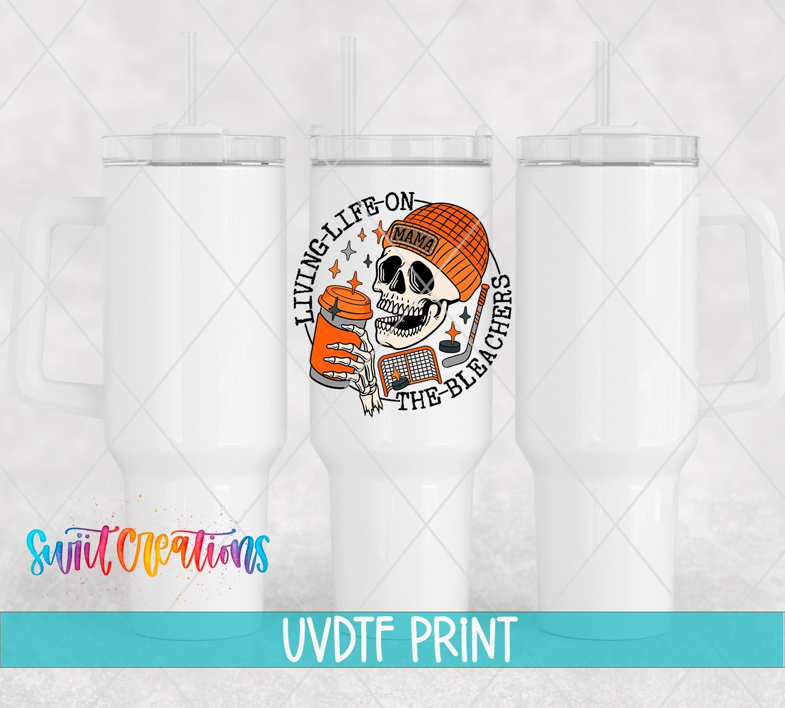 a set of three white tumblers with a skull on them