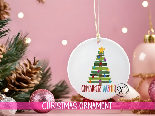 a christmas ornament hanging from a christmas tree