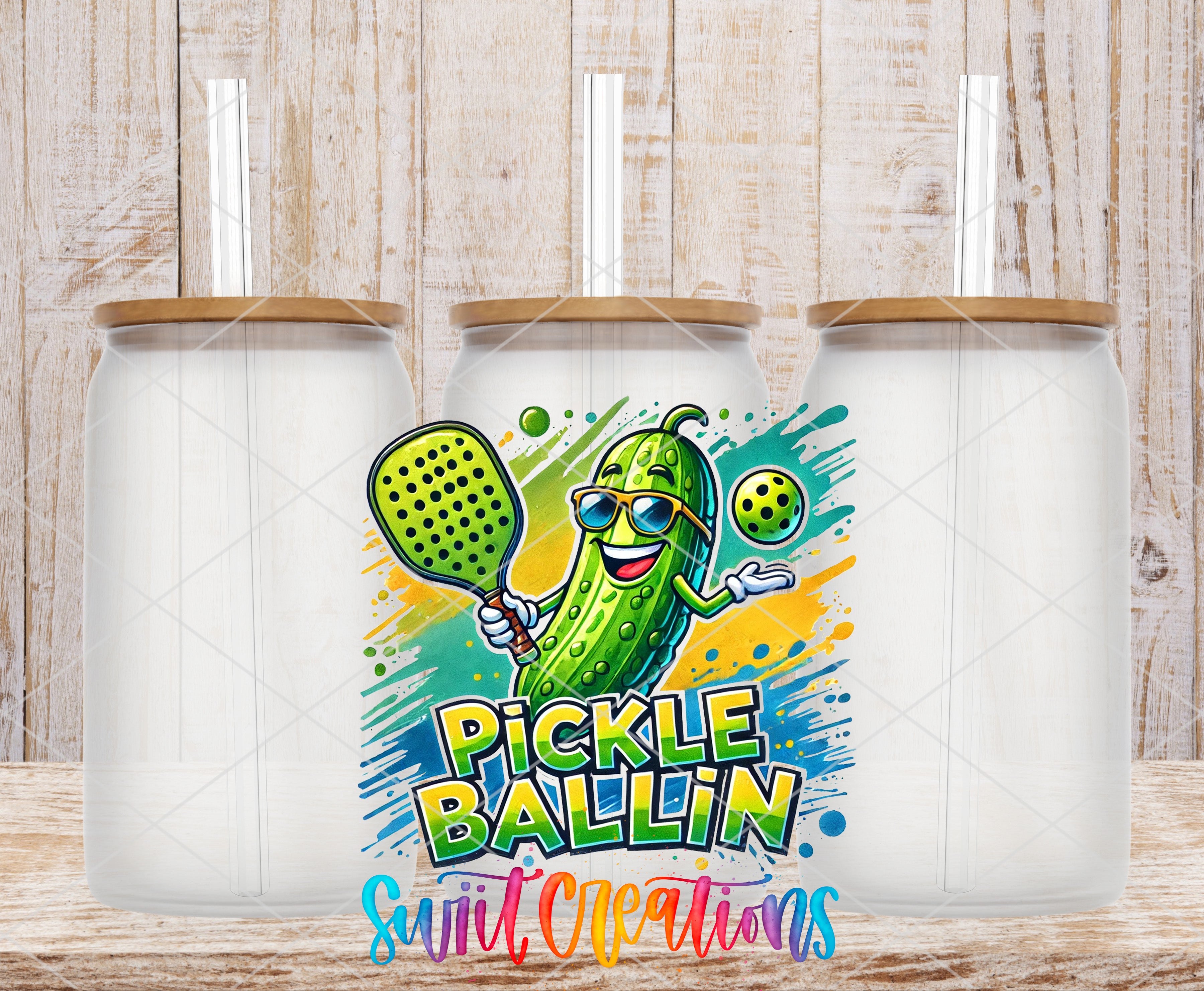 a colorful illustration of a pickle character holding a paddle and a ball, with the text "Pickle Ballin" prominently displayed.
