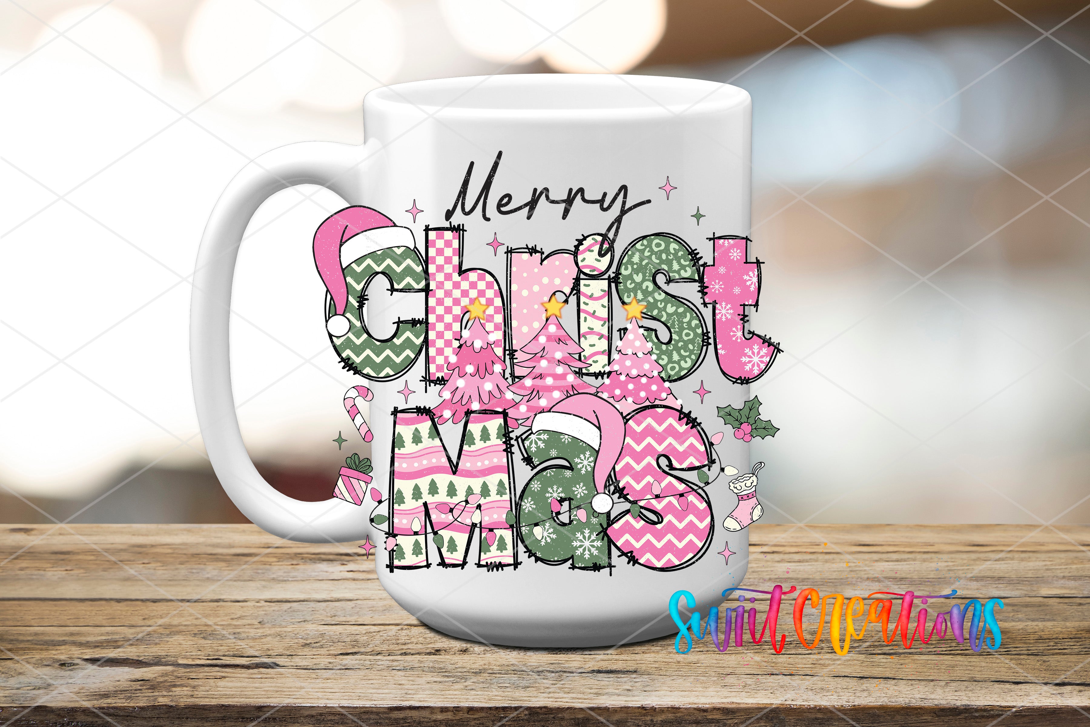 A white mug with a colorful, festive design featuring the text "Merry Christmas" in a playful, cartoon-like style.