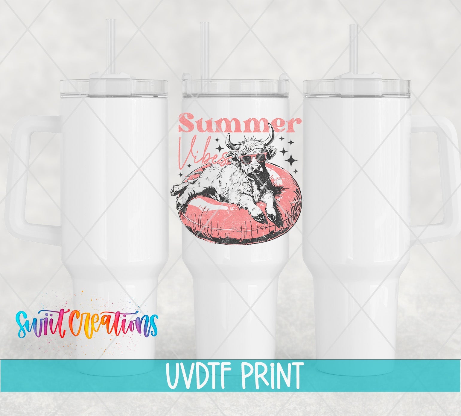 three white tumblers with the words summer written on them