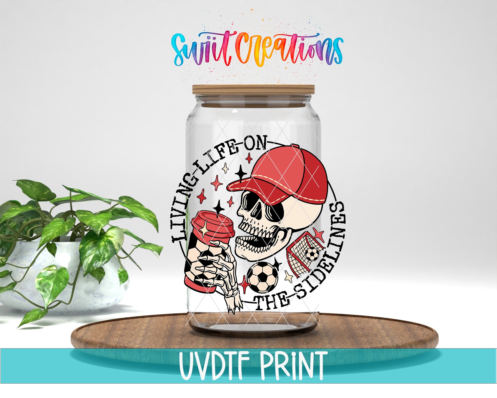 a glass jar with a skull wearing a red baseball cap and holding a red cup, surrounded by various sports-related elements such as a soccer ball and a basketball.