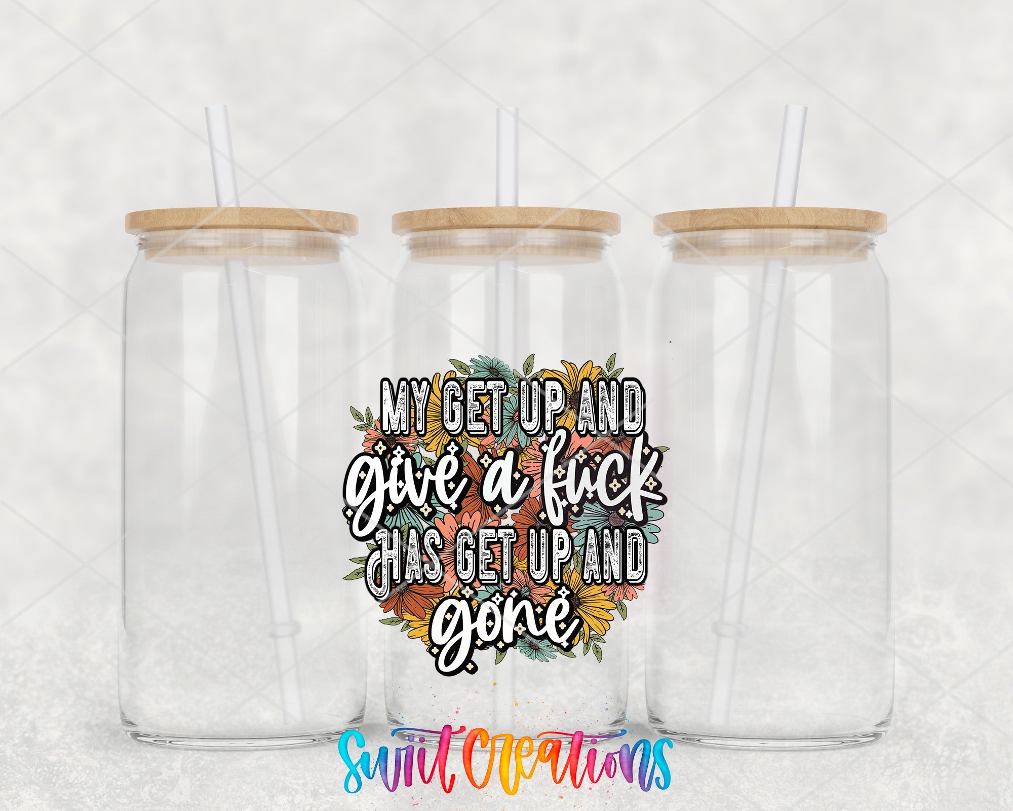 two clear tumblers with the words, my get up and give a kick has