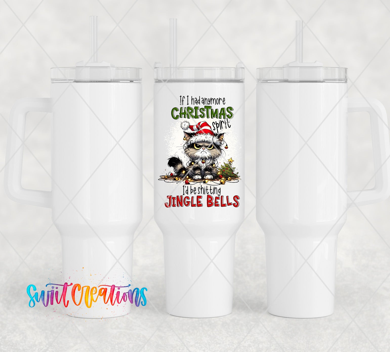 a white tumbler with a christmas design on it