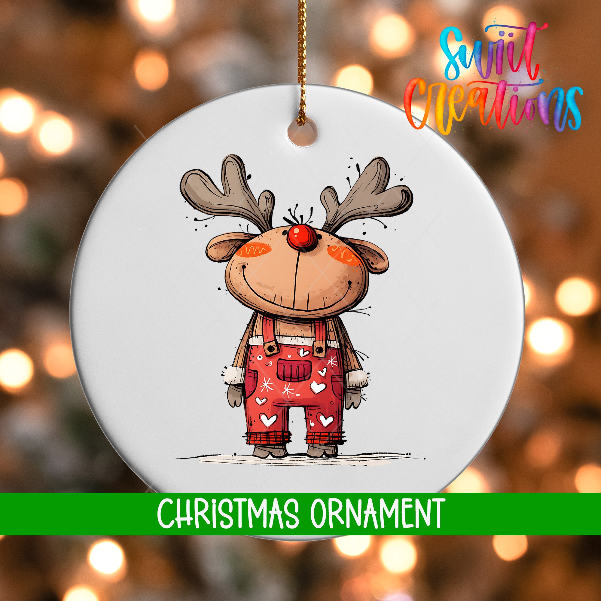 A white Christmas ornament featuring a cartoon reindeer wearing red overalls with white hearts.