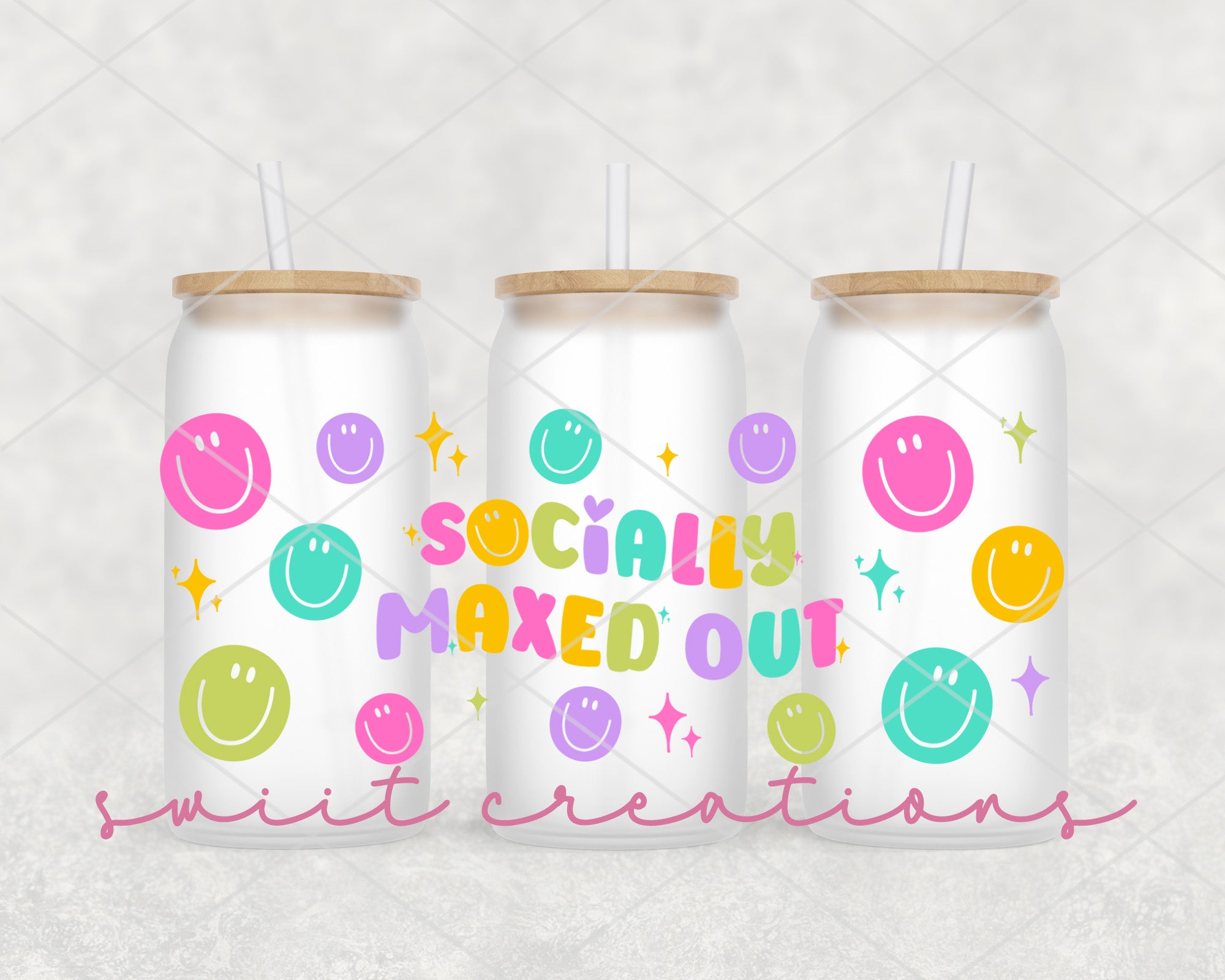 three personalized tumblers with the words socialy mixed out on them