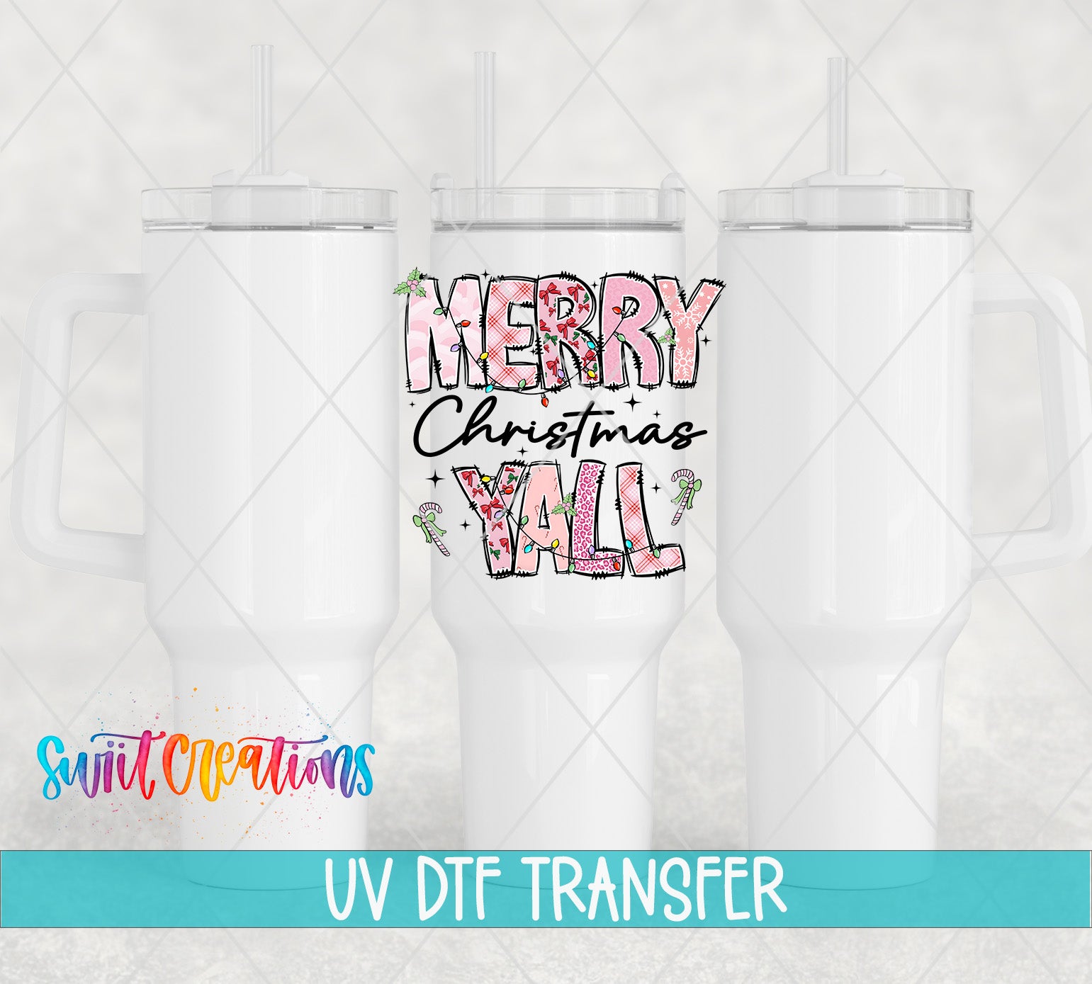 three white tumblers with a colorful design and text that says "MERRY CHRISTMAS YALL" on one of them.