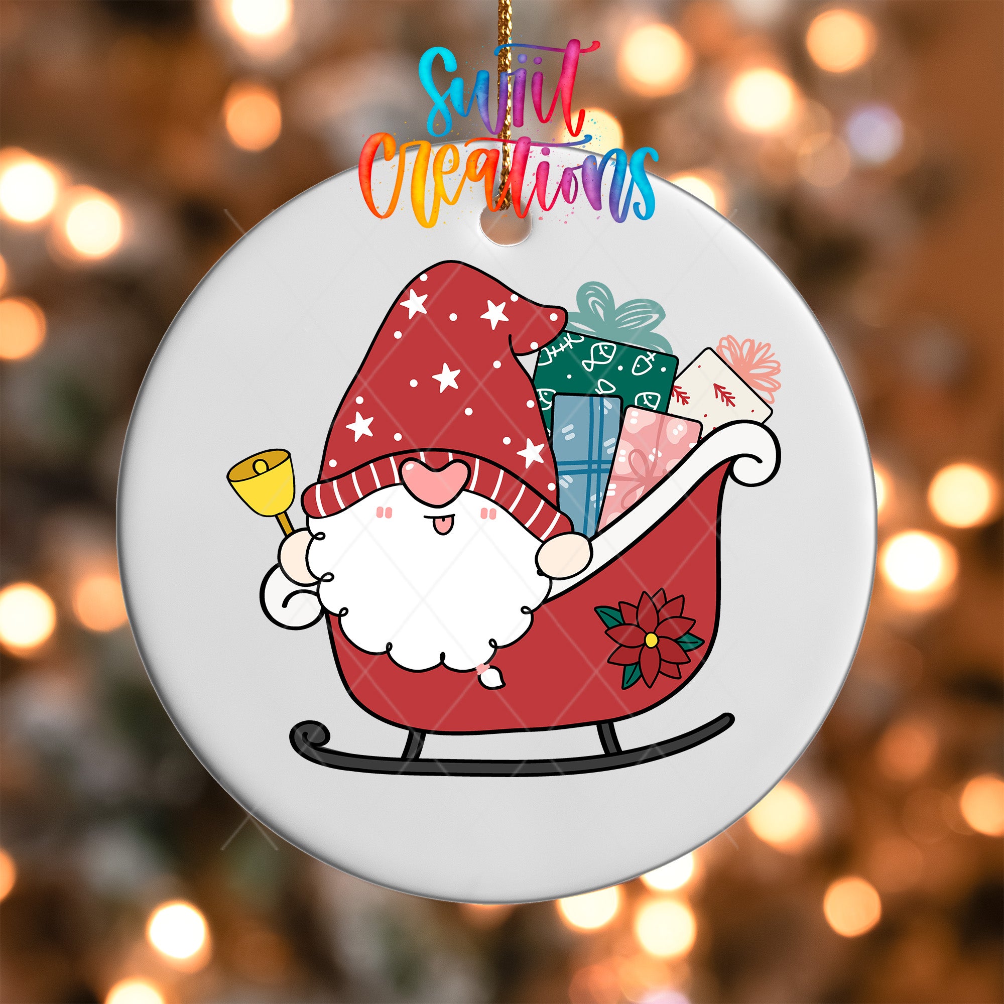 A white ornament with a cartoon illustration of a gnome riding a sled, holding presents and a bell.