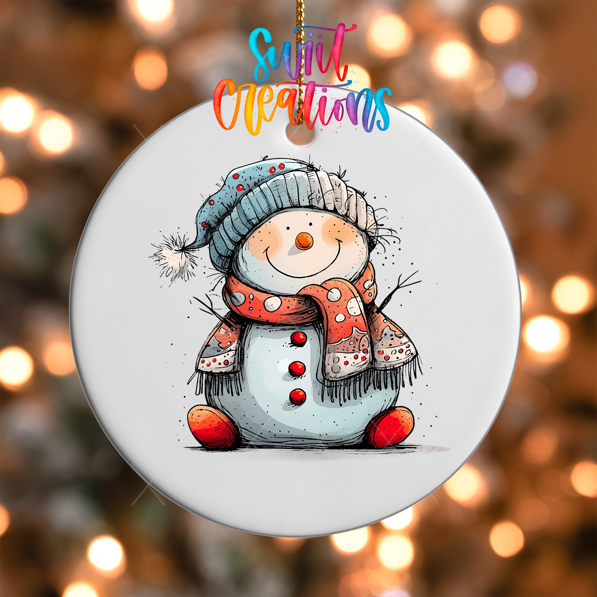 A snowman ornament with a scarf and hat, sitting on the ground and smiling.
