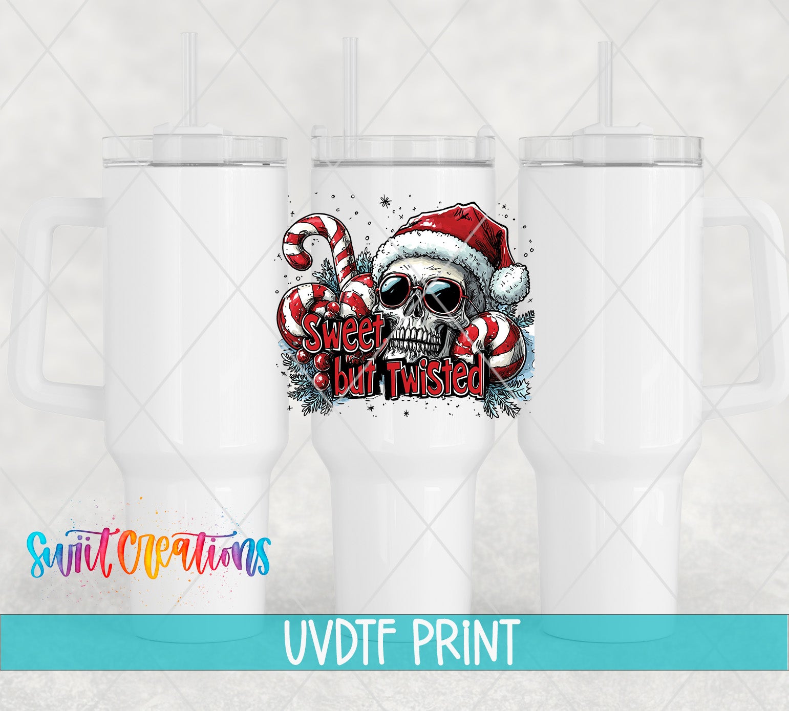a white mug with a santa hat and candy canes on it