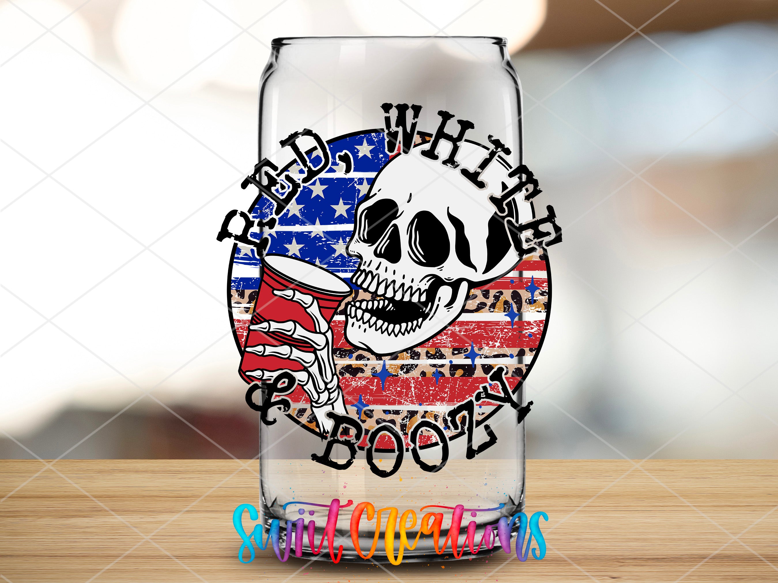 a glass with a skull and american flag on it