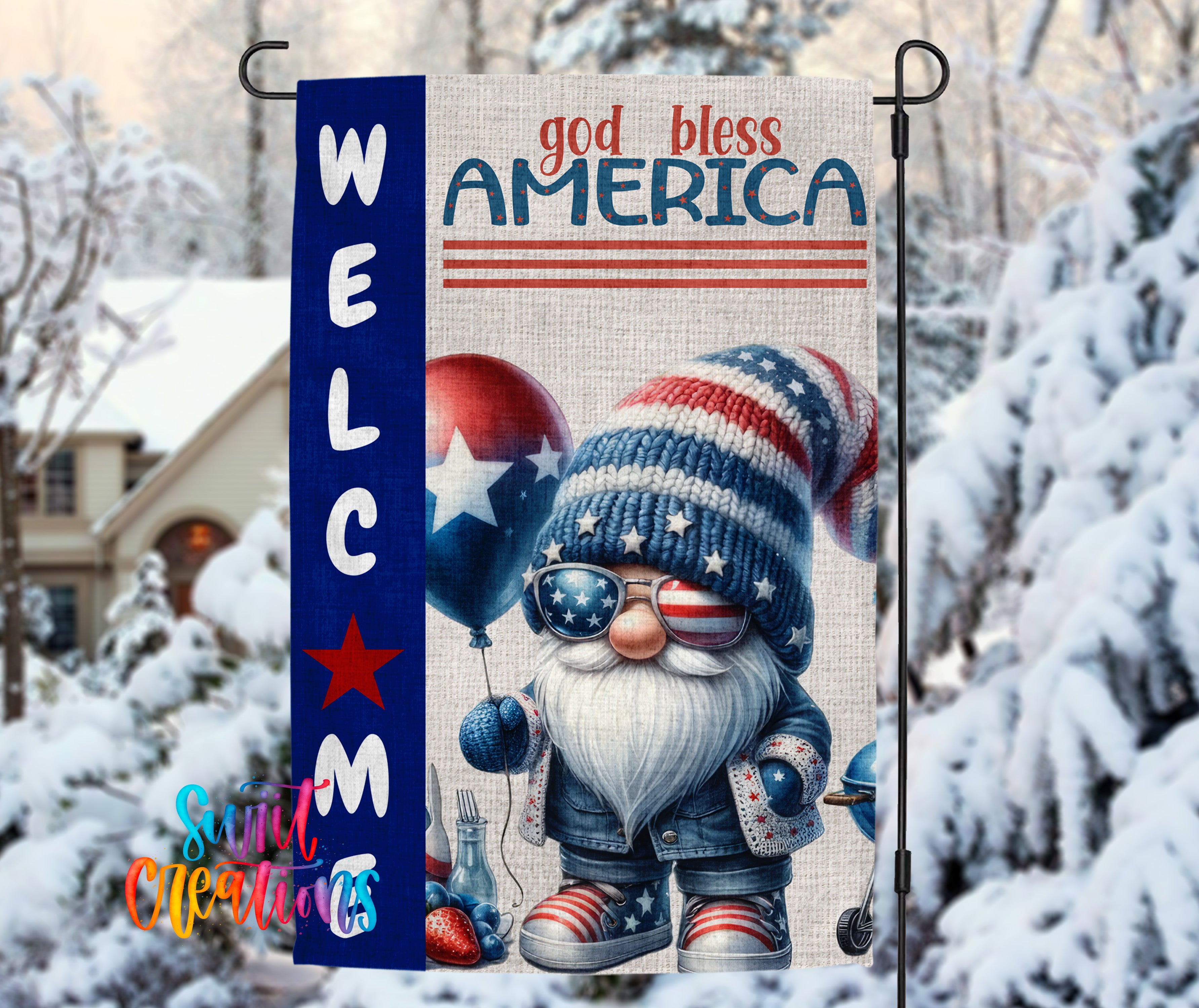 A welcome sign featuring a gnome wearing sunglasses and a hat with an American flag design, with snow-covered trees in the background.