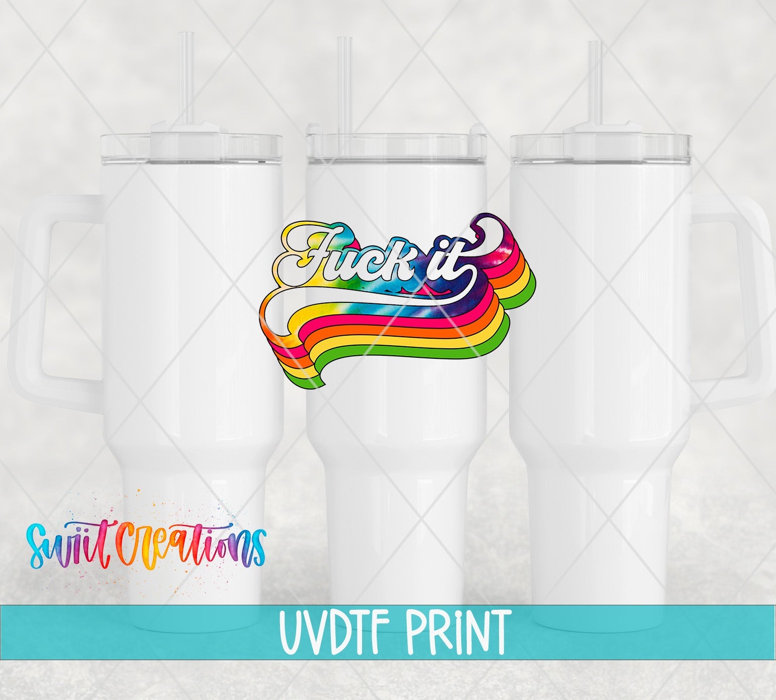 a set of three white tumblers with a colorful design