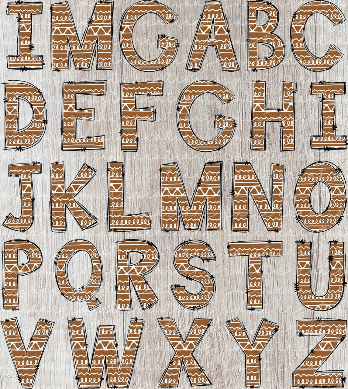the letters of the alphabet, each with a unique brown and white pattern design.