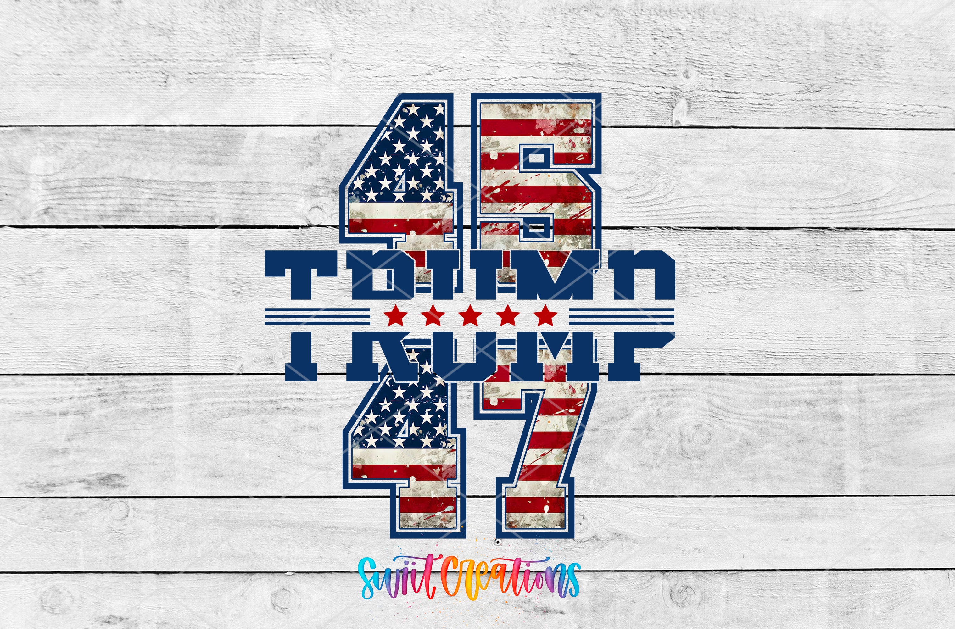 a large number "47" with the text "Trump" written in a stylized font, set against a background of American flag-inspired graphics.