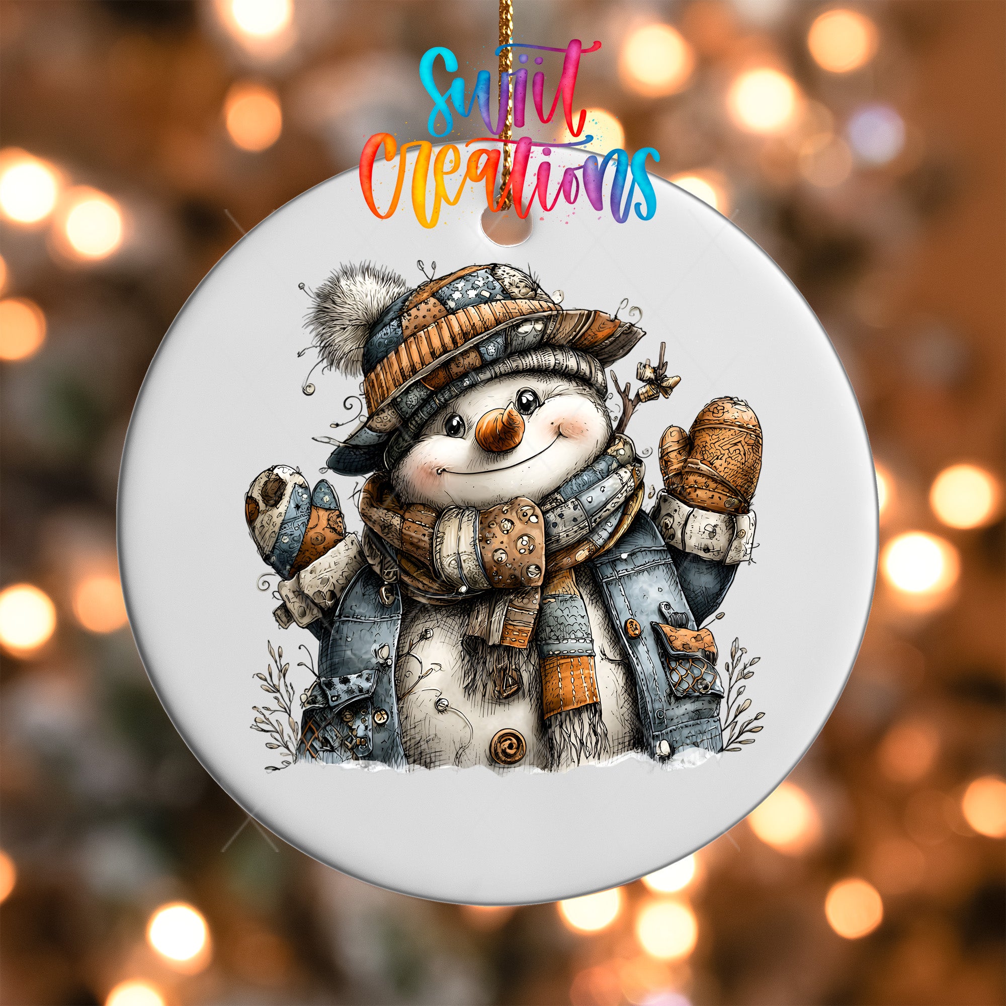A snowman ornament with a colorful scarf and hat, surrounded by snow and twinkling lights.