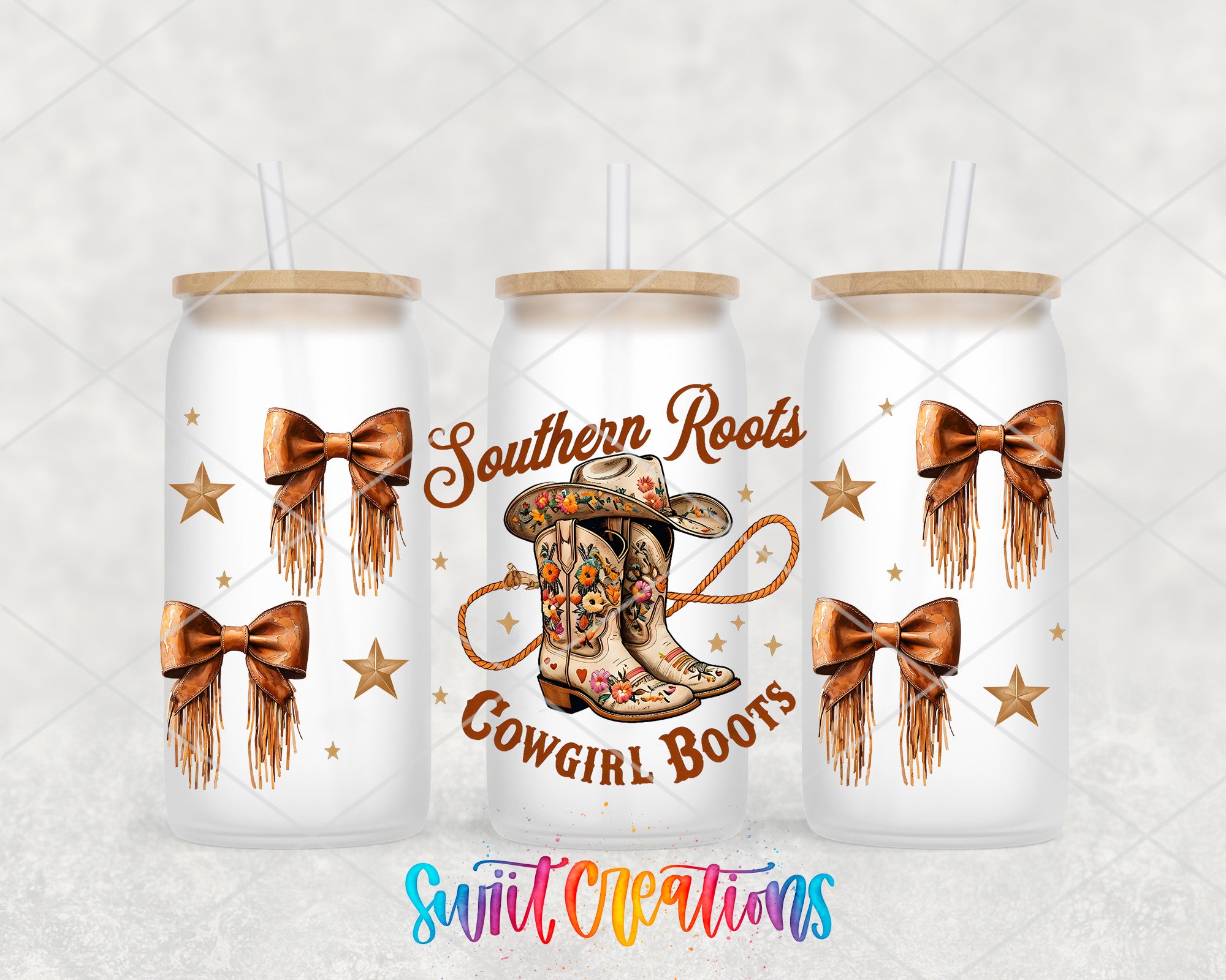 three white tumblers with gold bows and cowboy boots printed on them, along with the text "Southern Roots Cowgirl Boots" and "Swift Creations" printed on them.