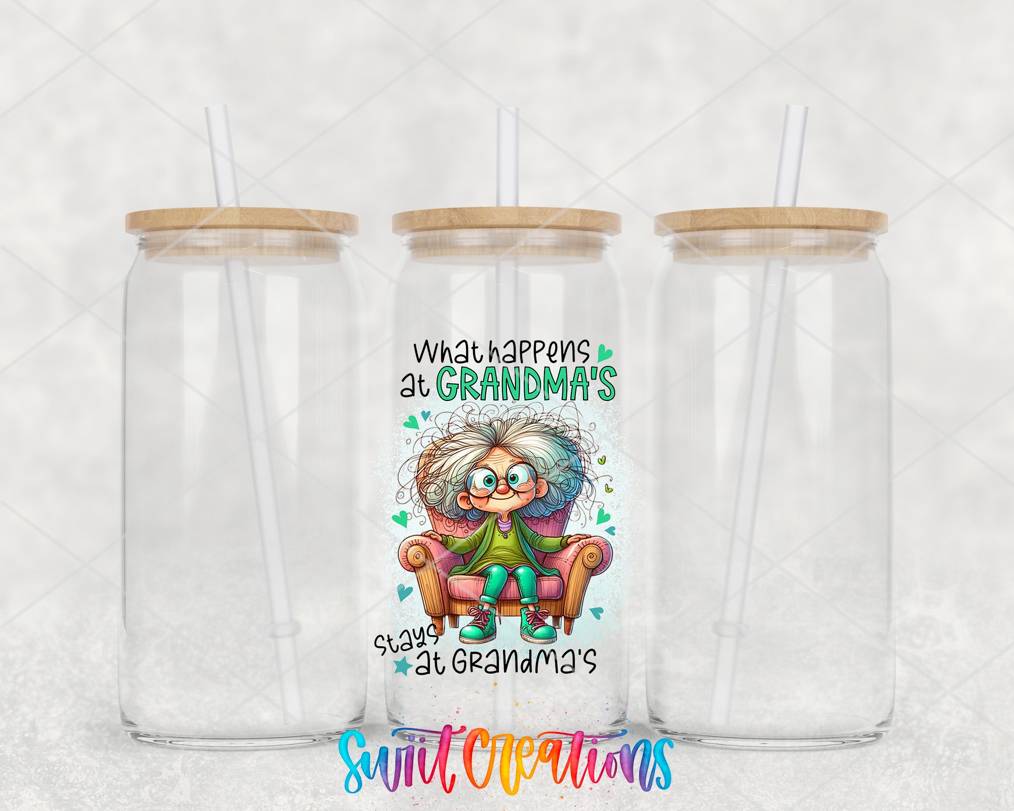 two clear tumblers with a picture of an old lady sitting on a chair