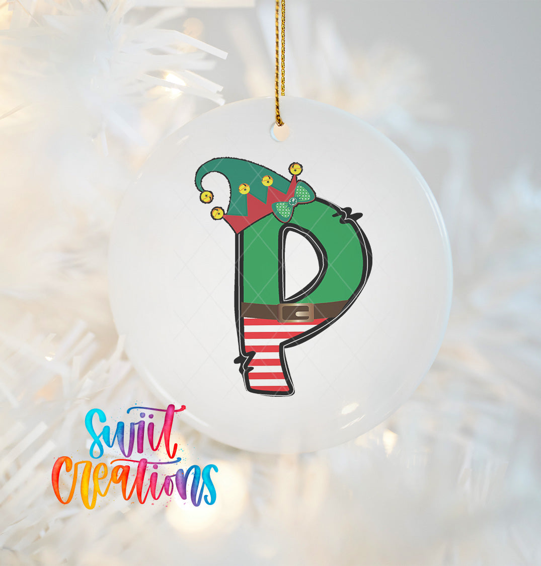 A white ornament with a green elf hat and a red bow tie, featuring the letter "P" in the center.