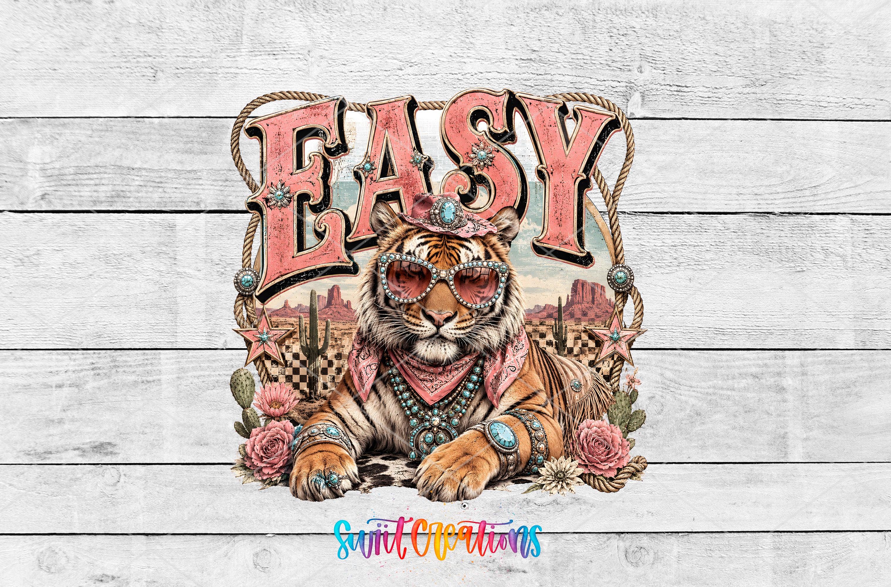 A tiger wearing sunglasses and jewelry is surrounded by flowers and cacti, with the word "EASY" prominently displayed above it.