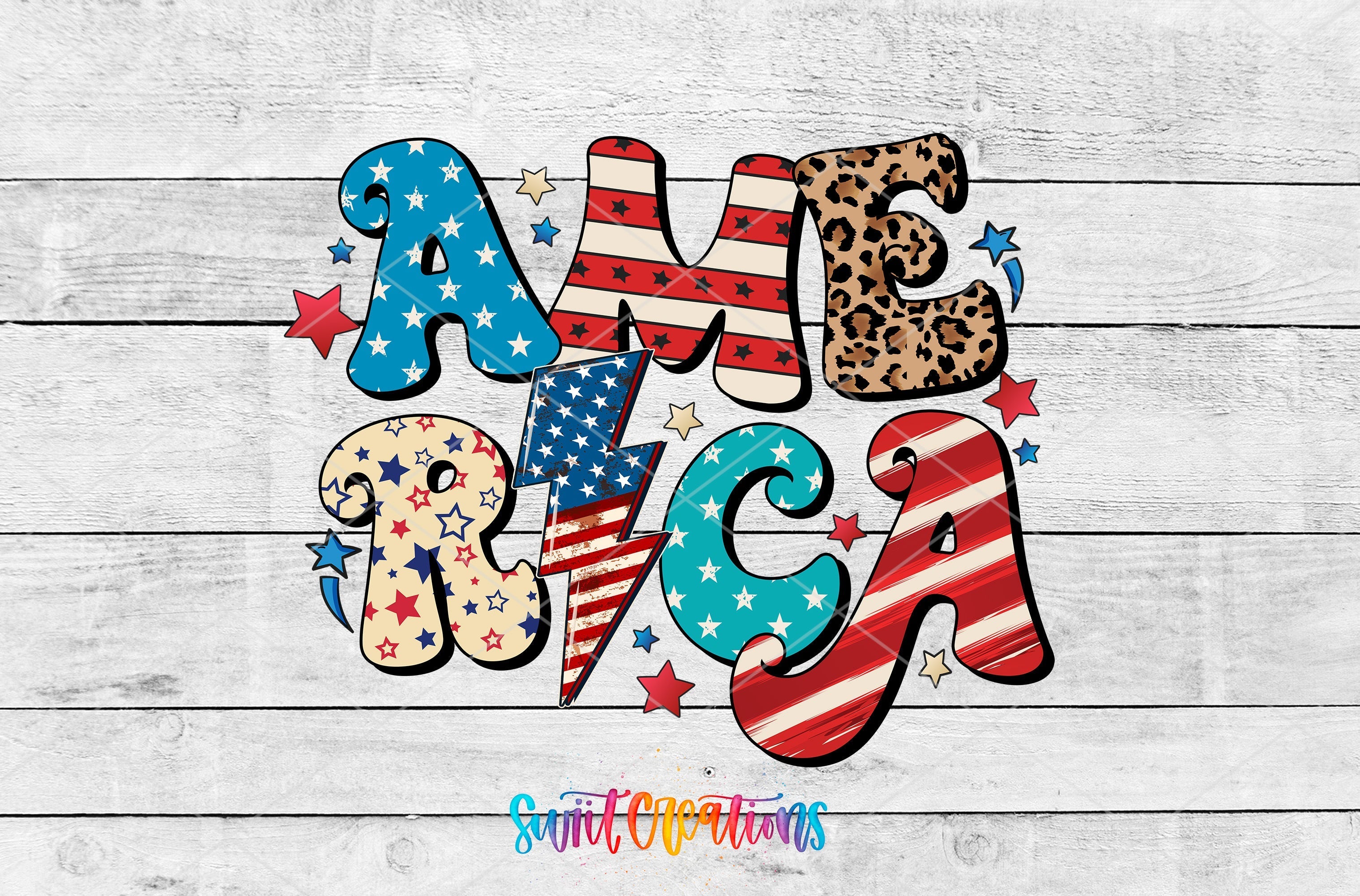 the american flag and leopard print letters are on a white wood background