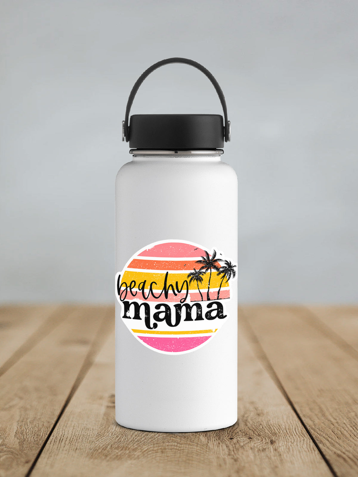 Beachy Mama sticker on a white insulated water bottle