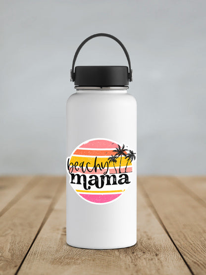 Beachy Mama sticker on a white insulated water bottle