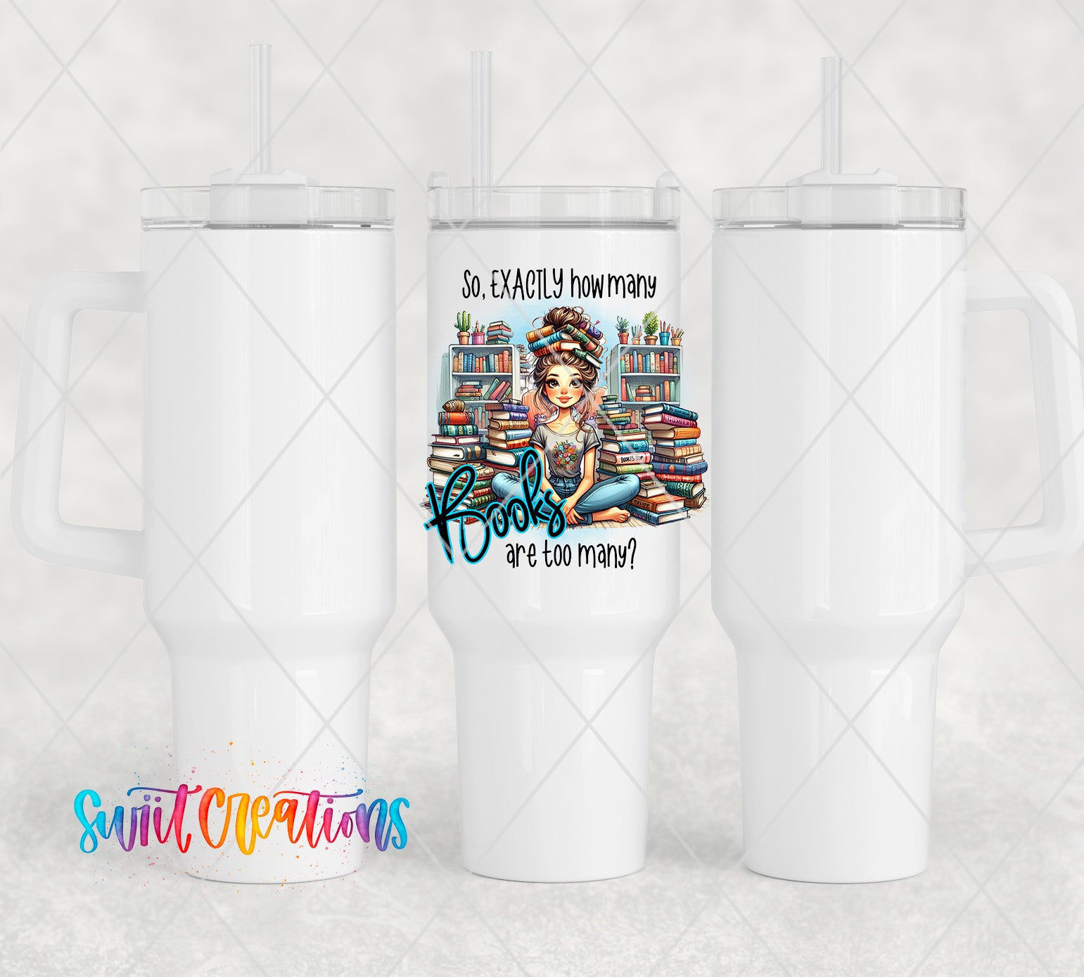 a pair of white coffee mugs with a picture of a woman reading a book
