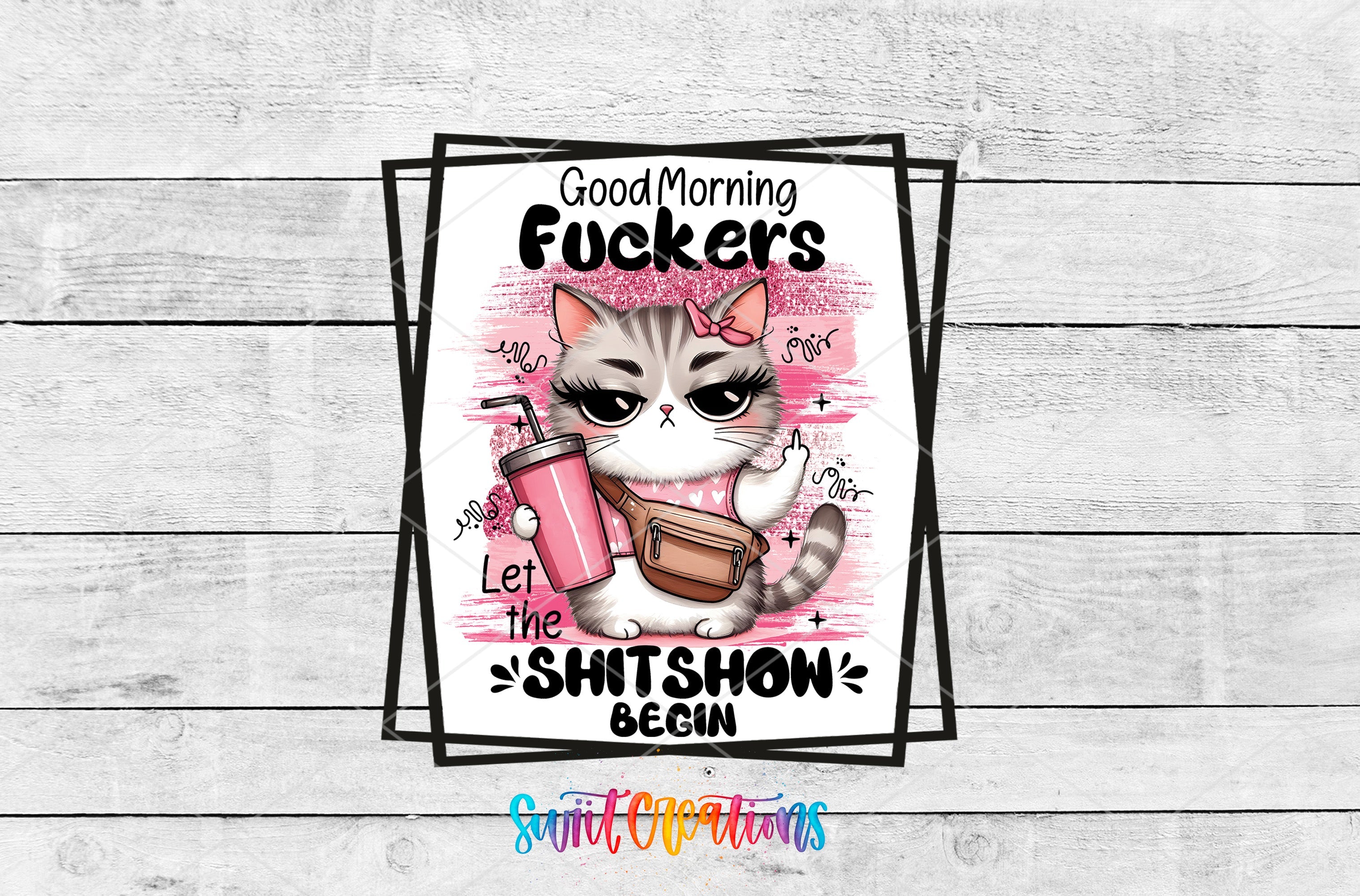 a sticker of a cat holding a pink cup
