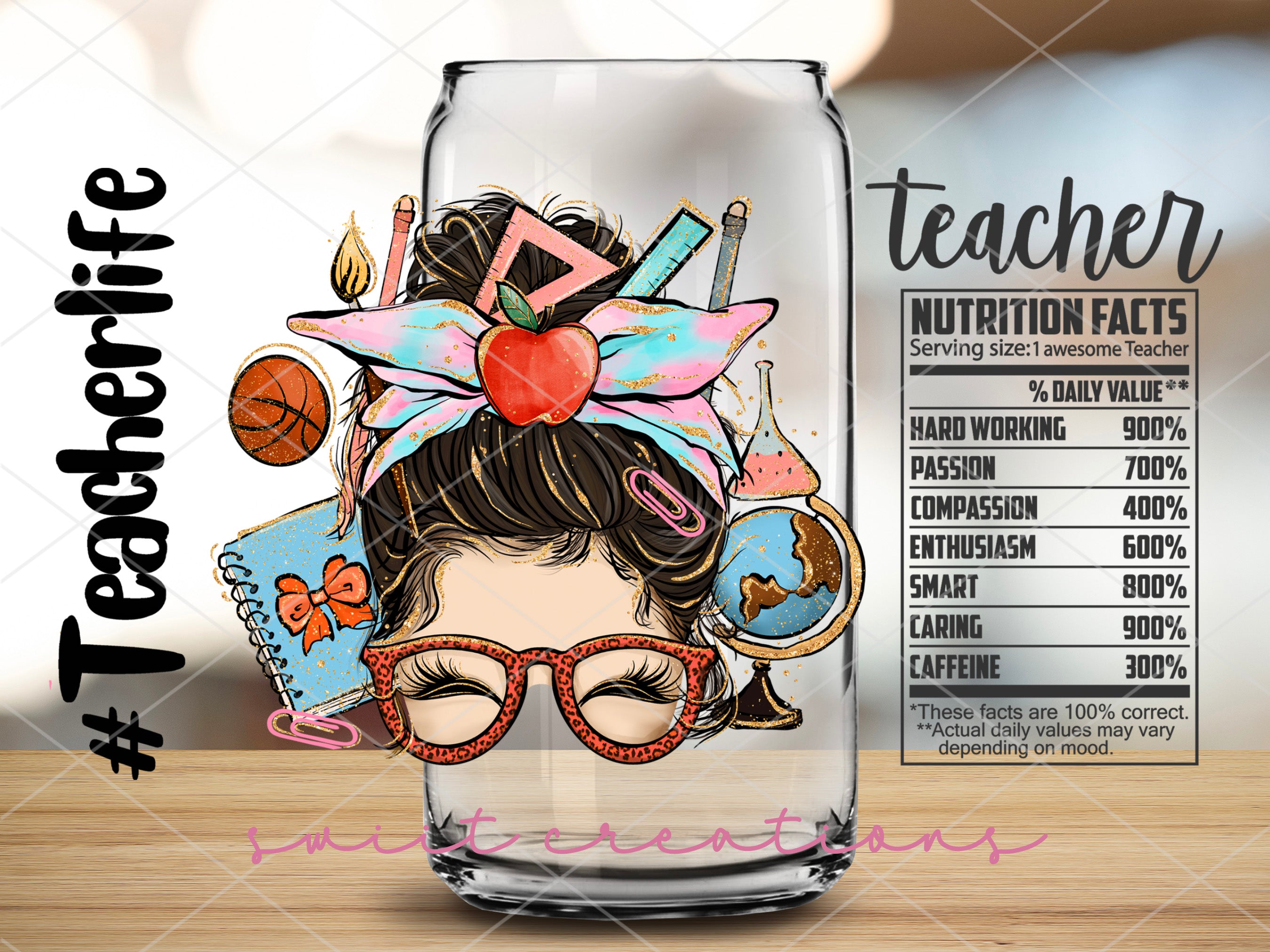 a glass with a picture of a girl wearing glasses