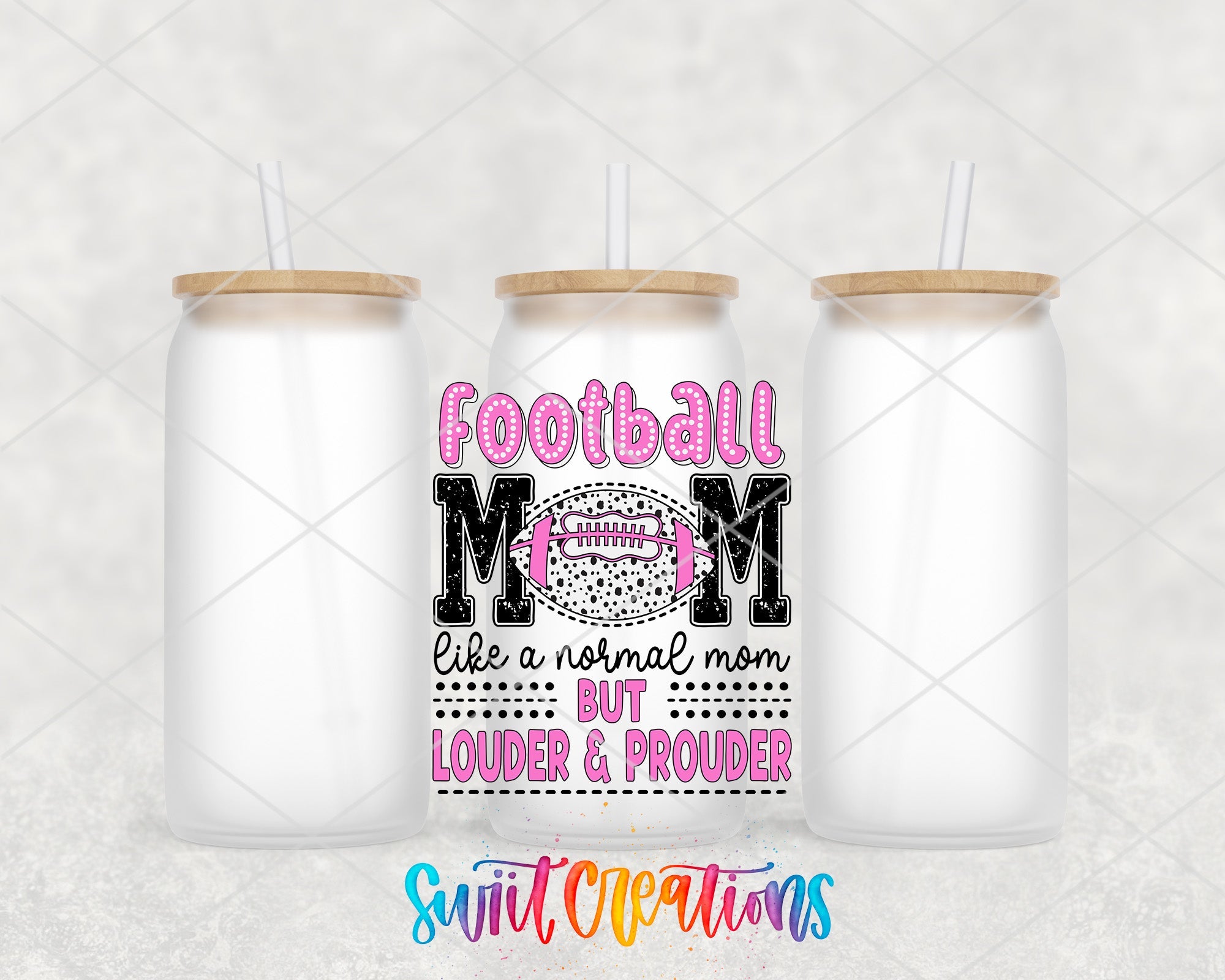 two white mason jars with straws on top of them