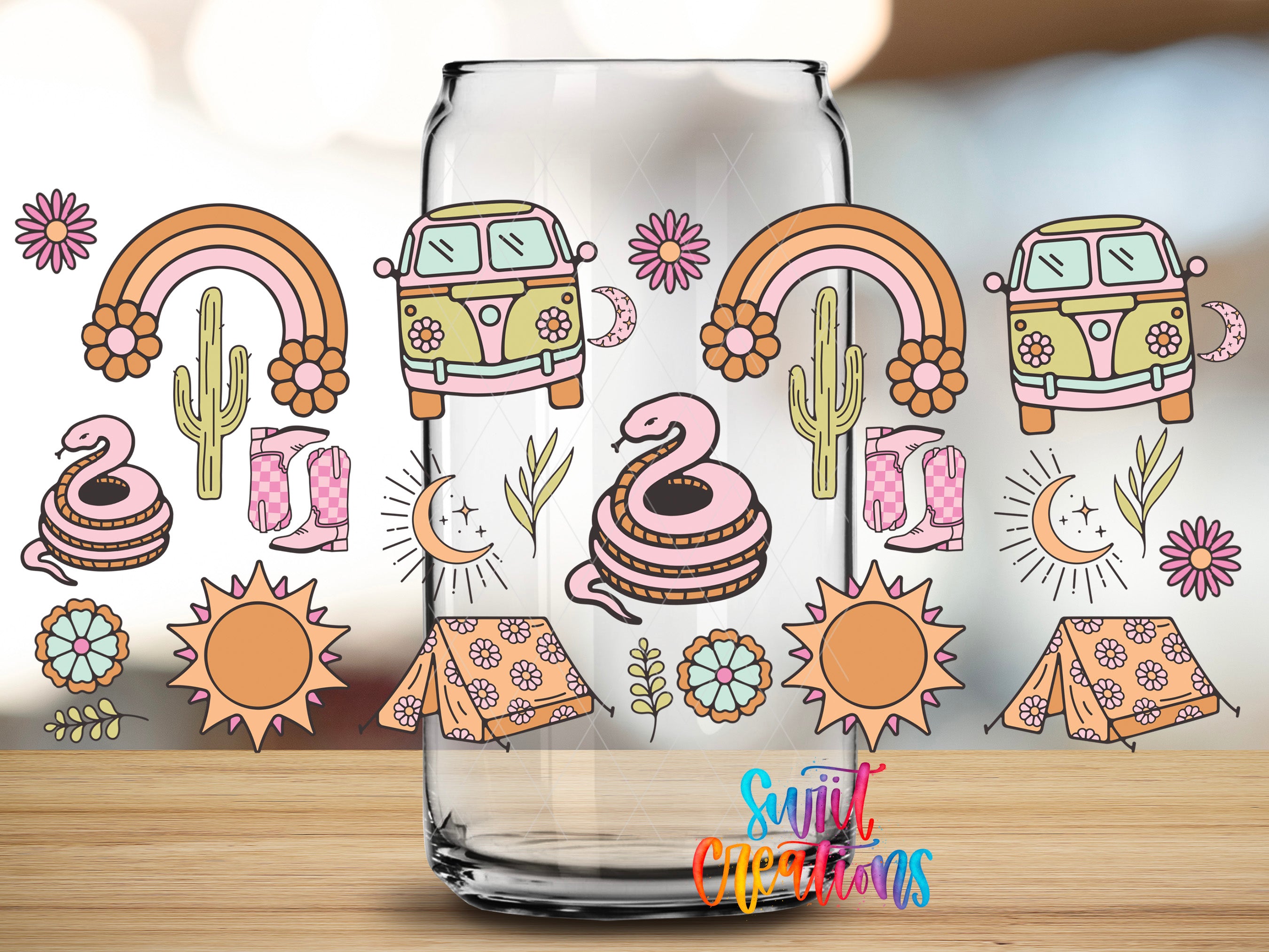 a glass jar with a variety of colorful and whimsical illustrations, including a van, a rainbow, a snake, a cactus, a tent, and other decorative elements.