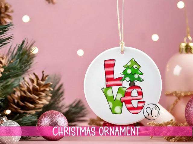 a christmas ornament hanging from a christmas tree