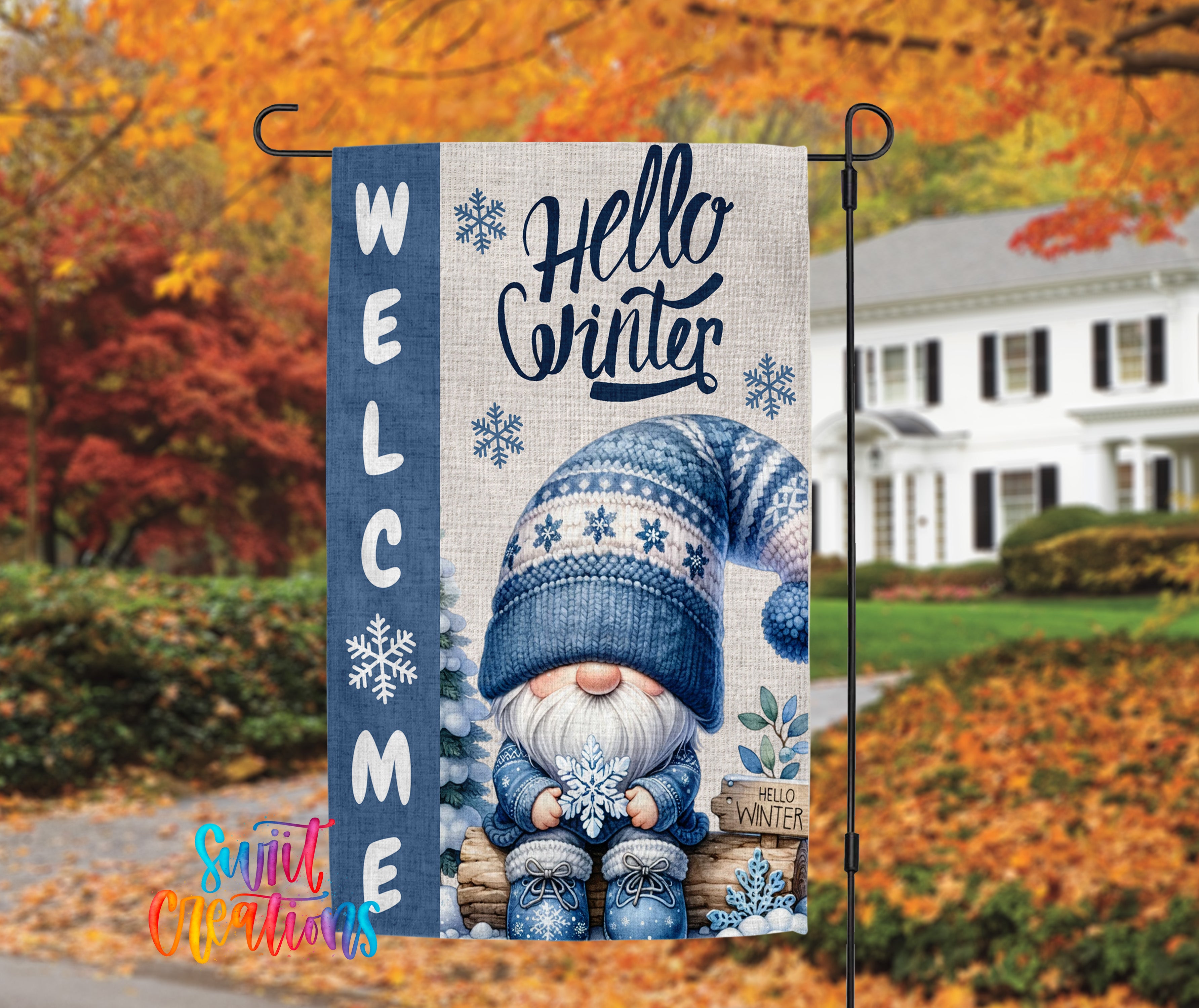 A welcome banner featuring a gnome wearing a winter hat and holding a snowflake, with the text "Hello Winter" displayed on the banner.
