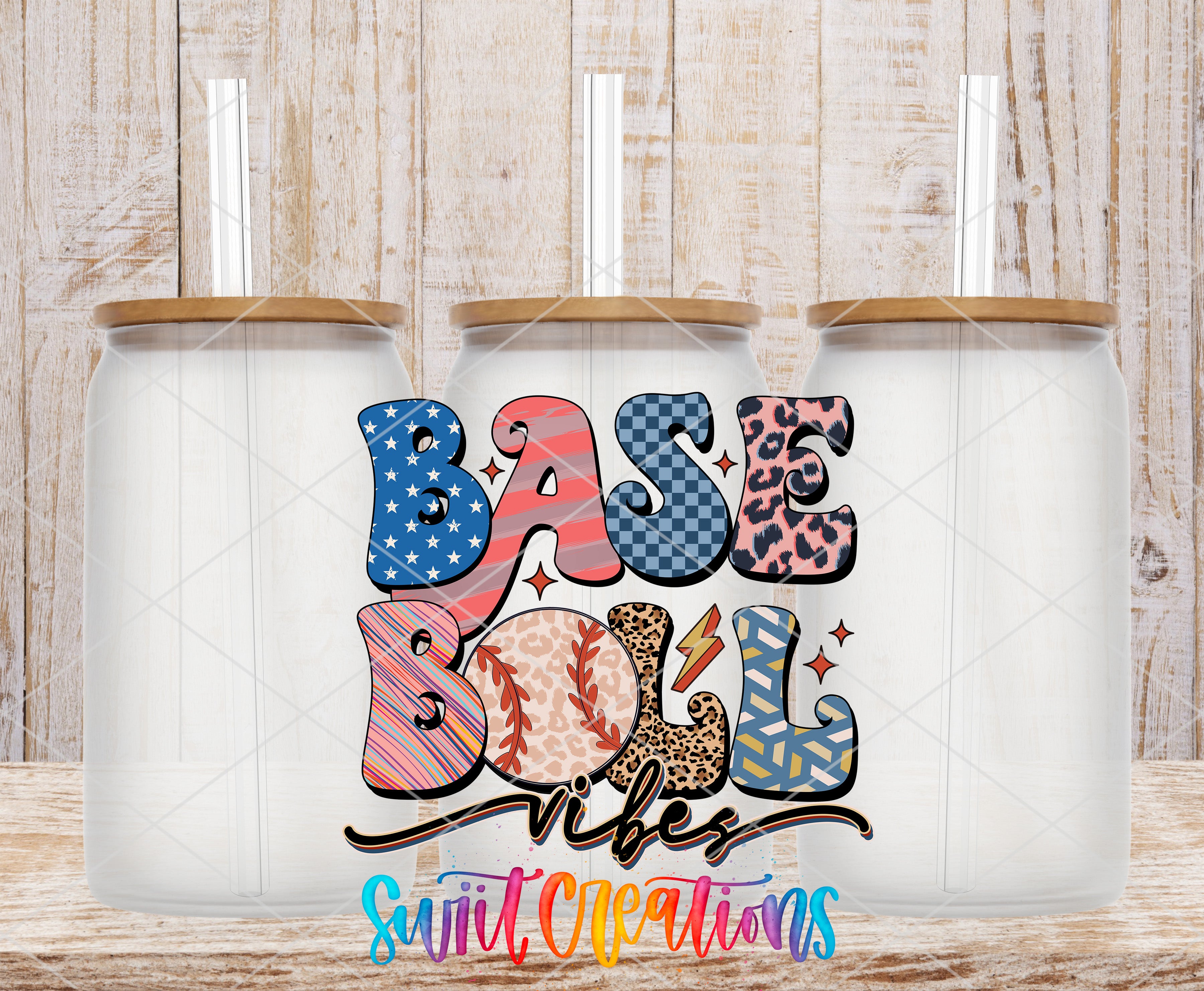 three glass jars with lids, each containing a straw, and the text "BASE BALL VIBES" written on them.