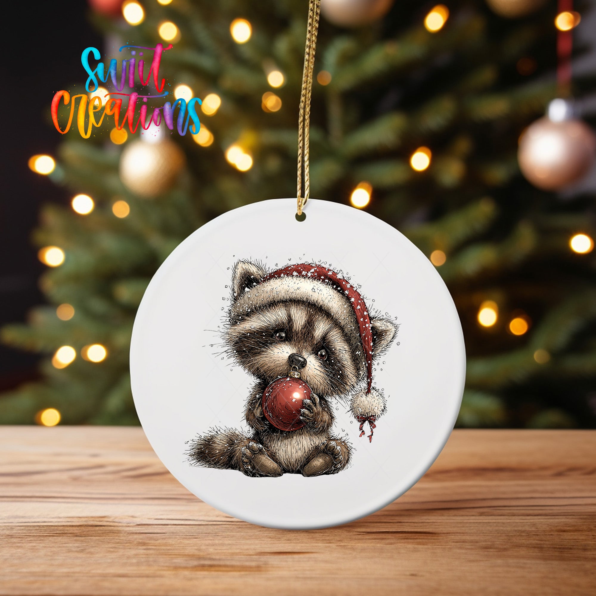 A white ceramic ornament featuring a raccoon wearing a Santa hat and holding a red ornament, with a blurred background of a Christmas tree and colorful lights.